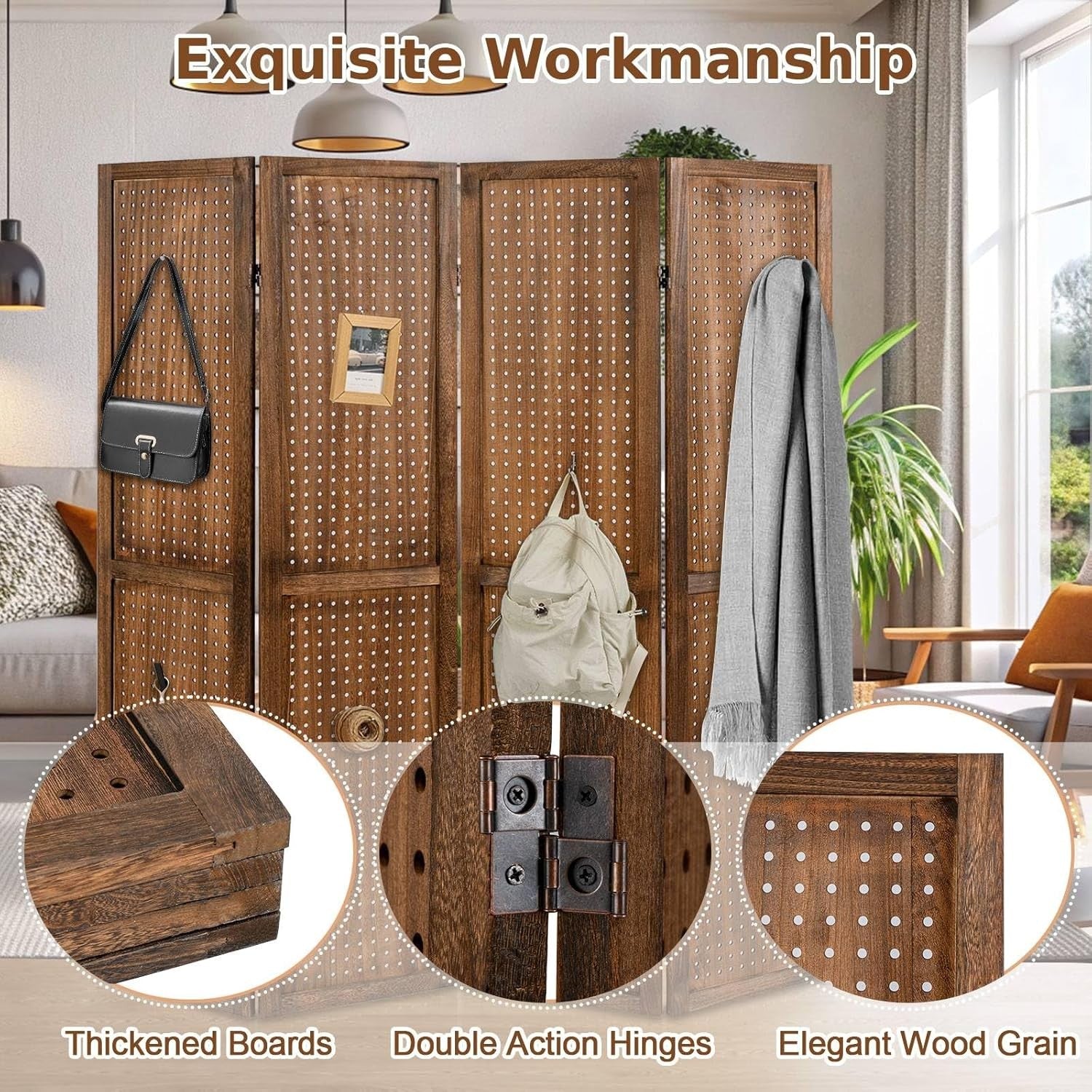 4 Panel Wooden Room Divider Folding Privacy Screen Pegboard Partition 160x170cm