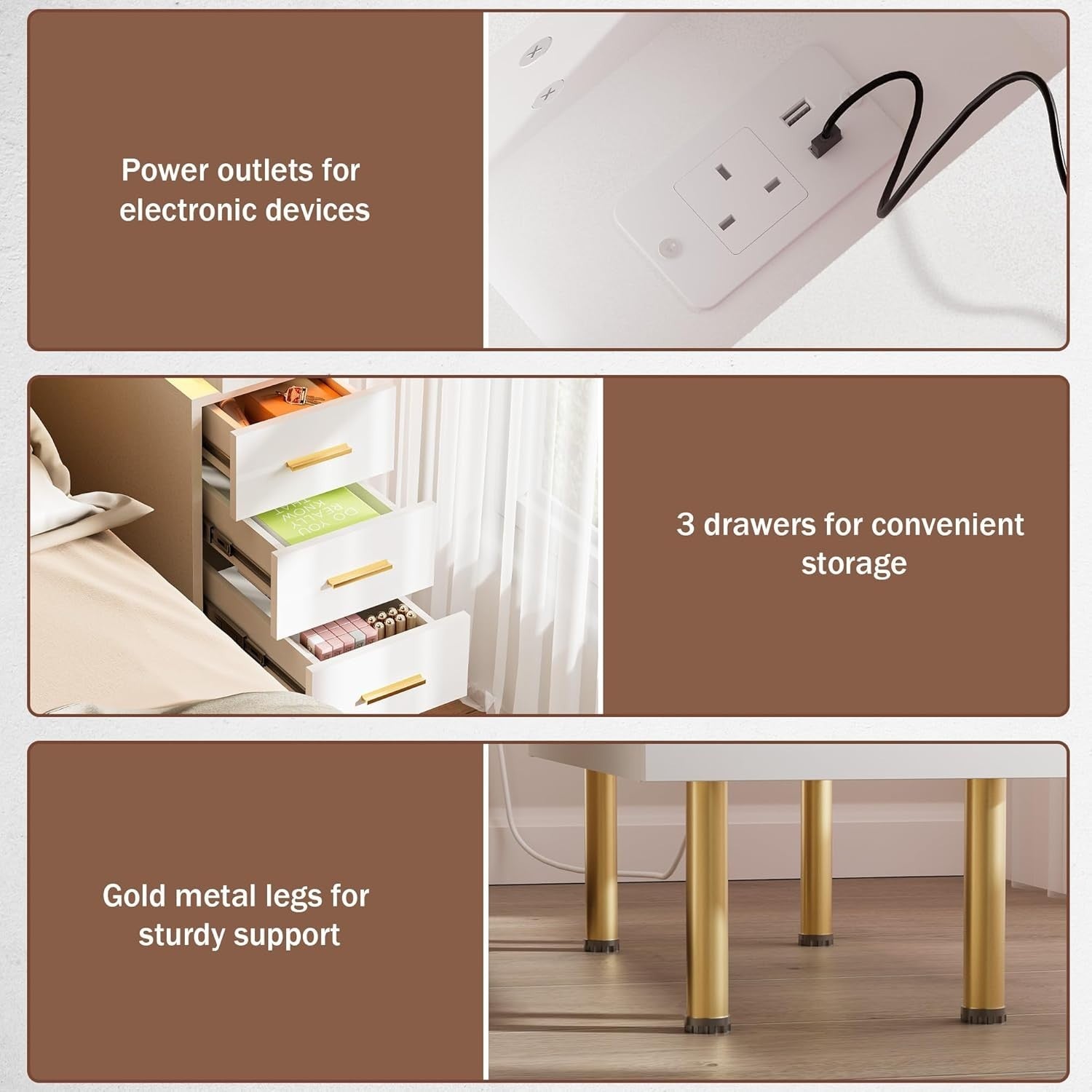 Modern LED Bedside Table with USB Charging, 3 Drawers+Hidden Storage, Gold Legs