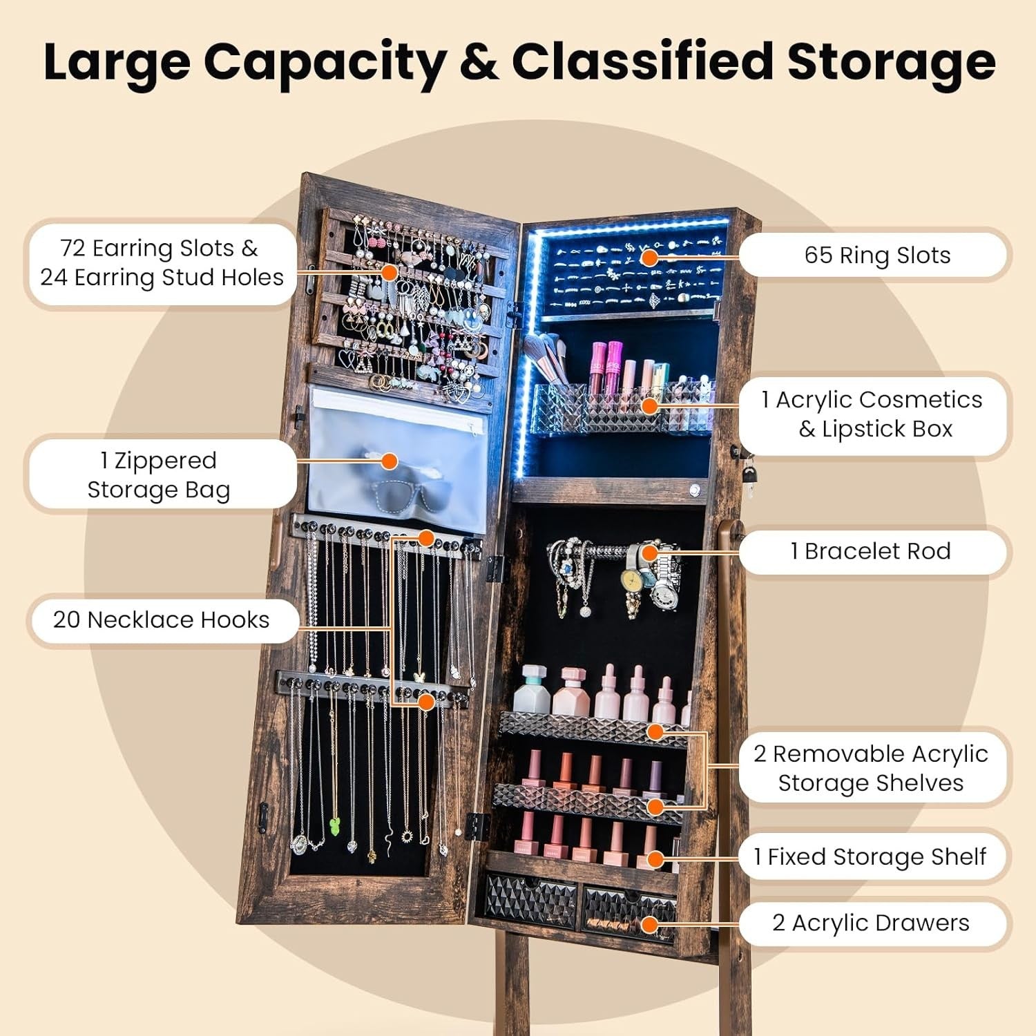 Rustic Brown LED Jewellery Armoire Adjustable Full Length Mirror Lockable