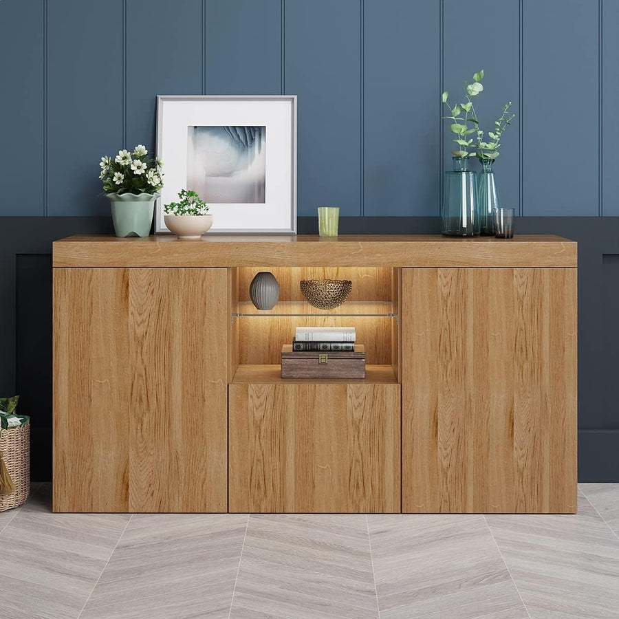 LED Sideboard Cabinet Oak 135cm Modern Storage Unit TV Stand Cupboard