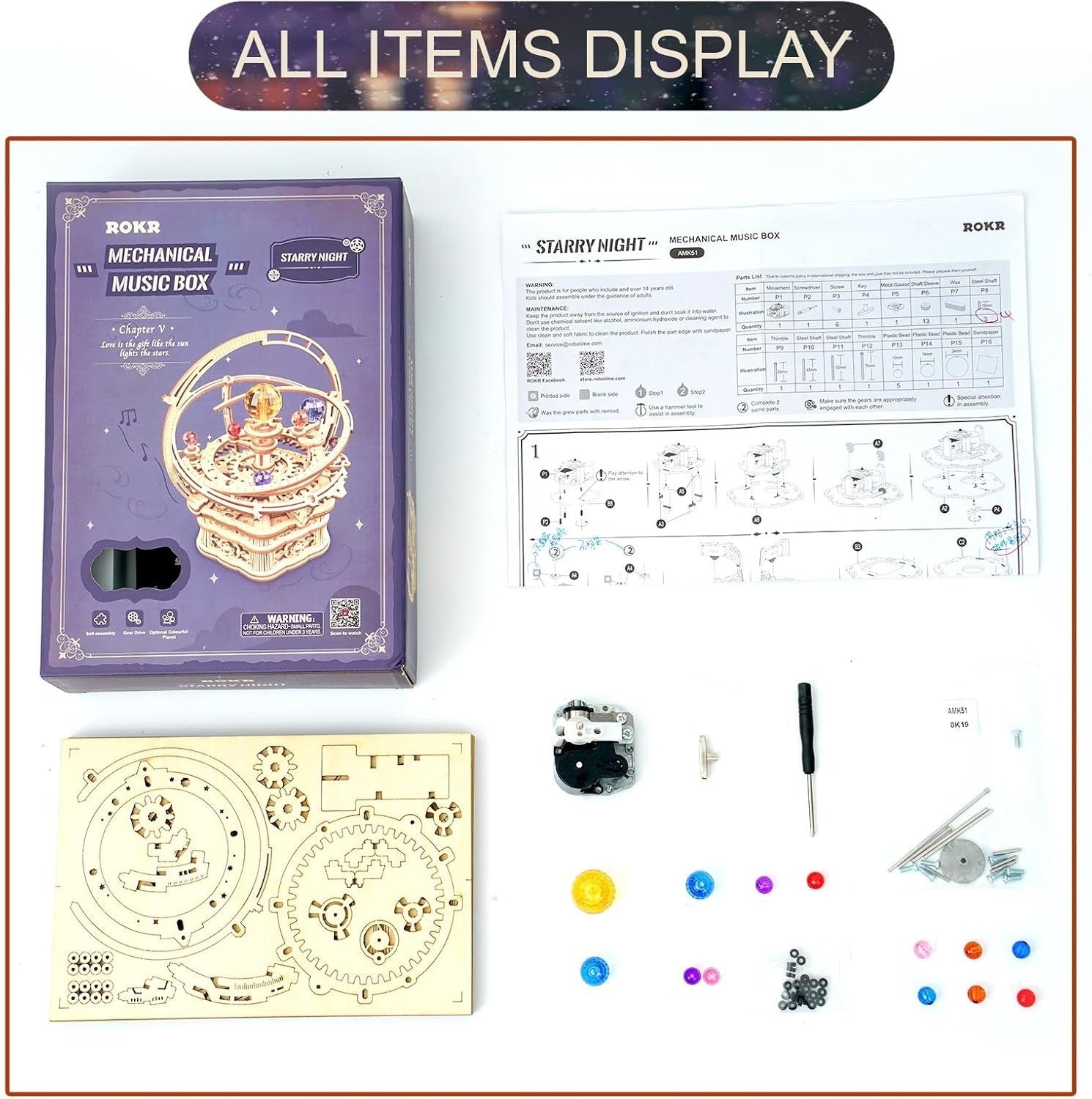3D Wooden Starry Night Music Box DIY Mechanical Galaxy Model Kit
