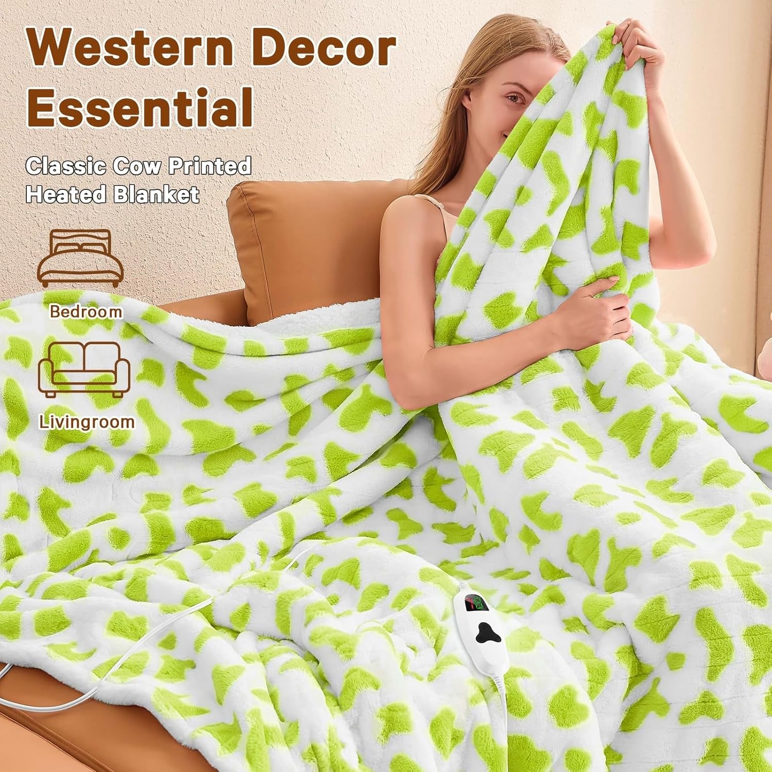 Electric Heated Throw Blanket Cow Print Sherpa 10 Heat Auto Off Washable