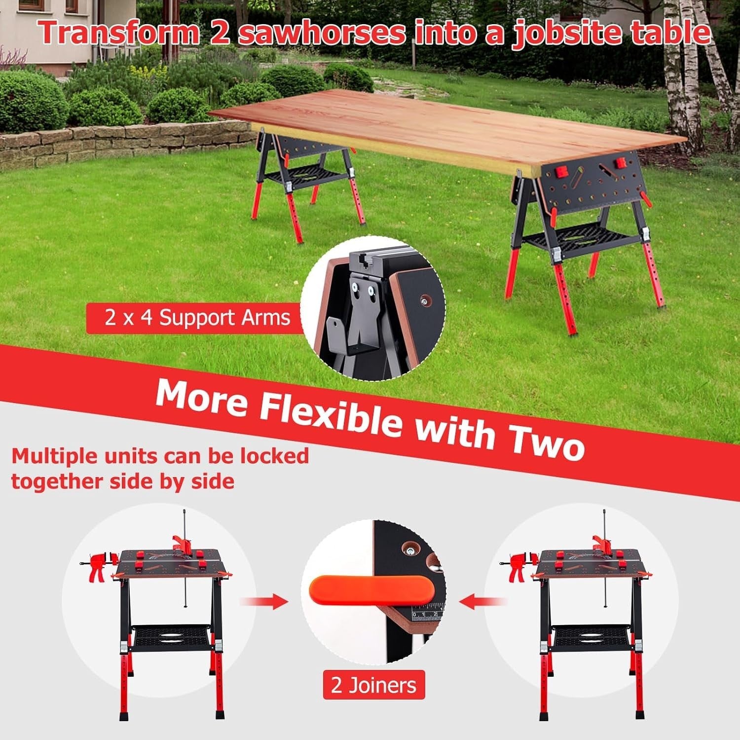 Folding Workbench 70x65cm Adjustable Height Sawhorse 2-in-1 Table 450kg Red