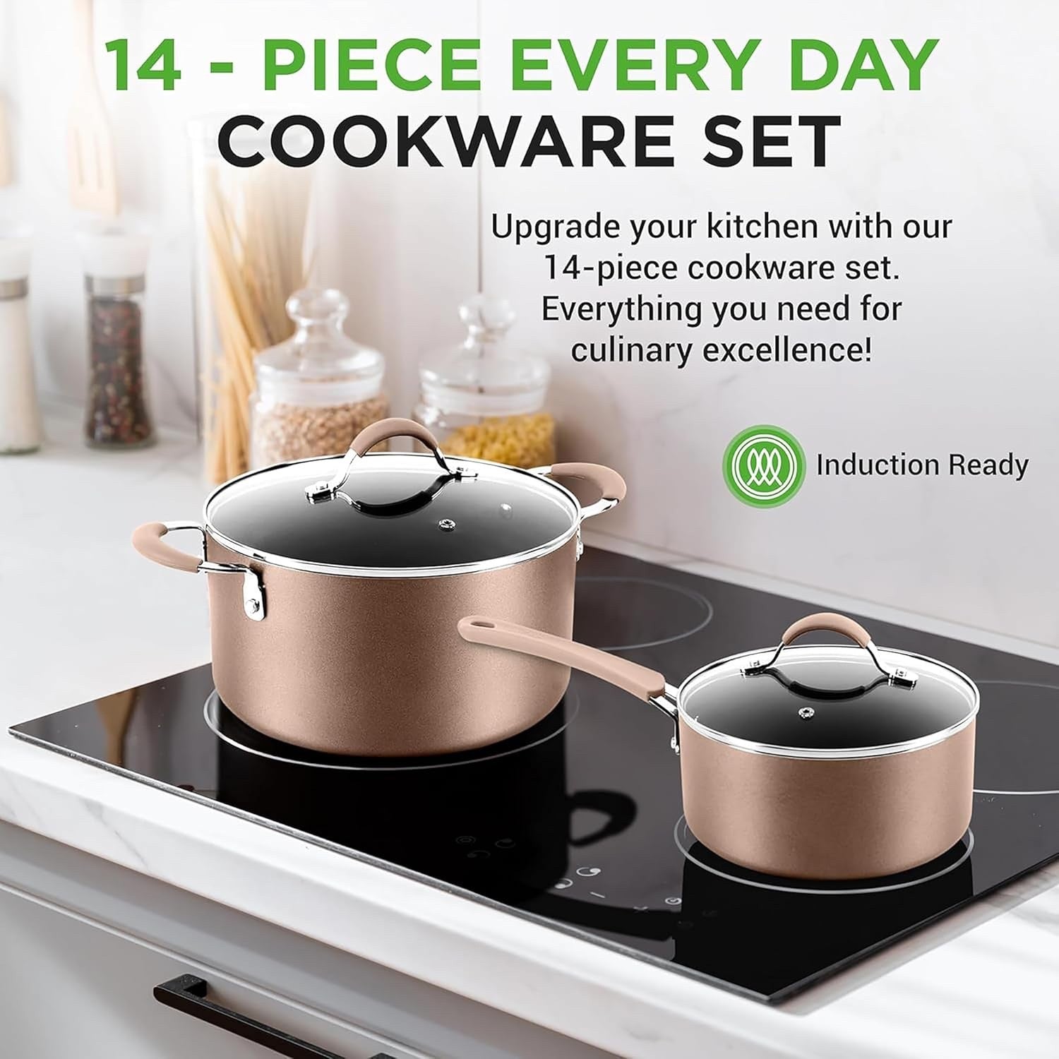 14pcs Gold Ceramic Stackable Non Stick Cookware Set Induction Safe Pots & Pans