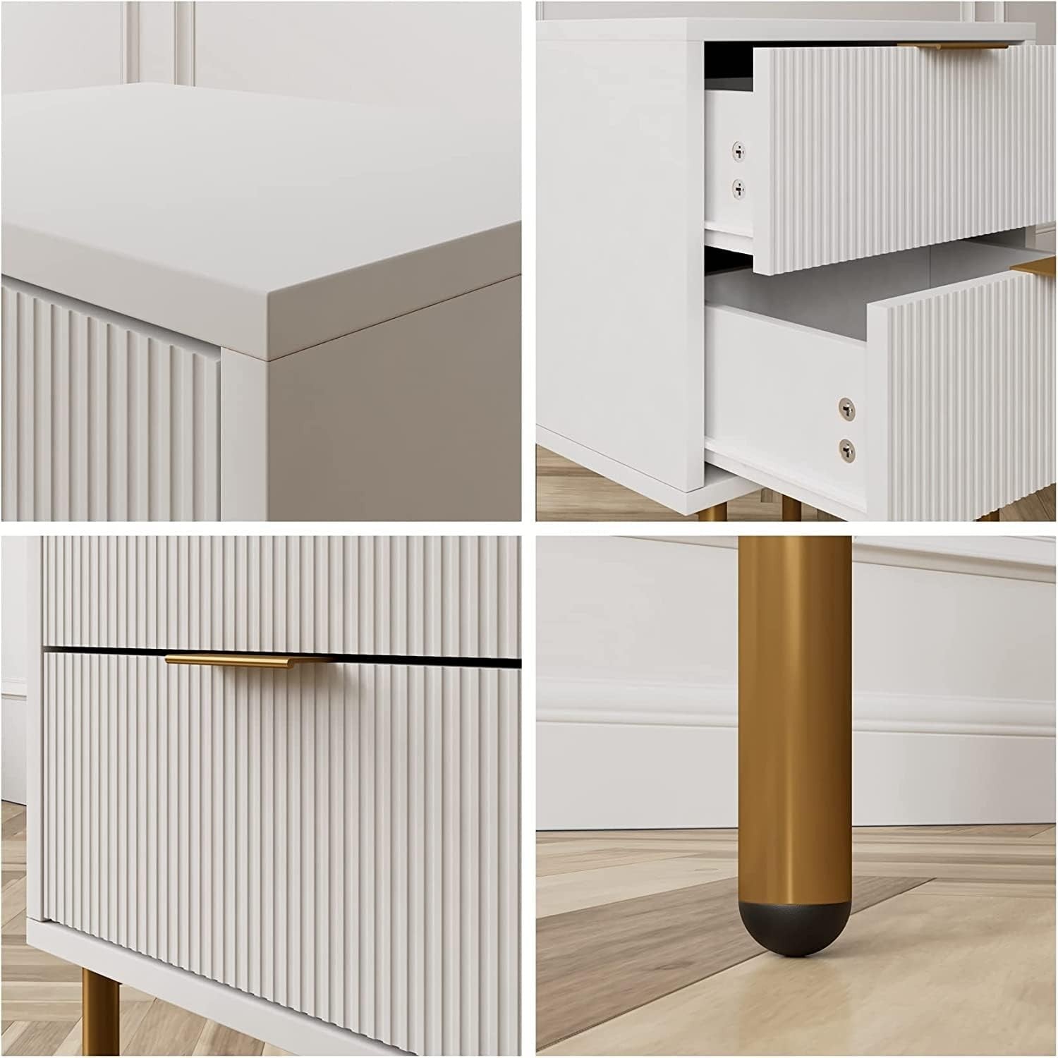 White Bedside Table with 2 Drawers & Gold Legs | Modern Wooden Nightstand