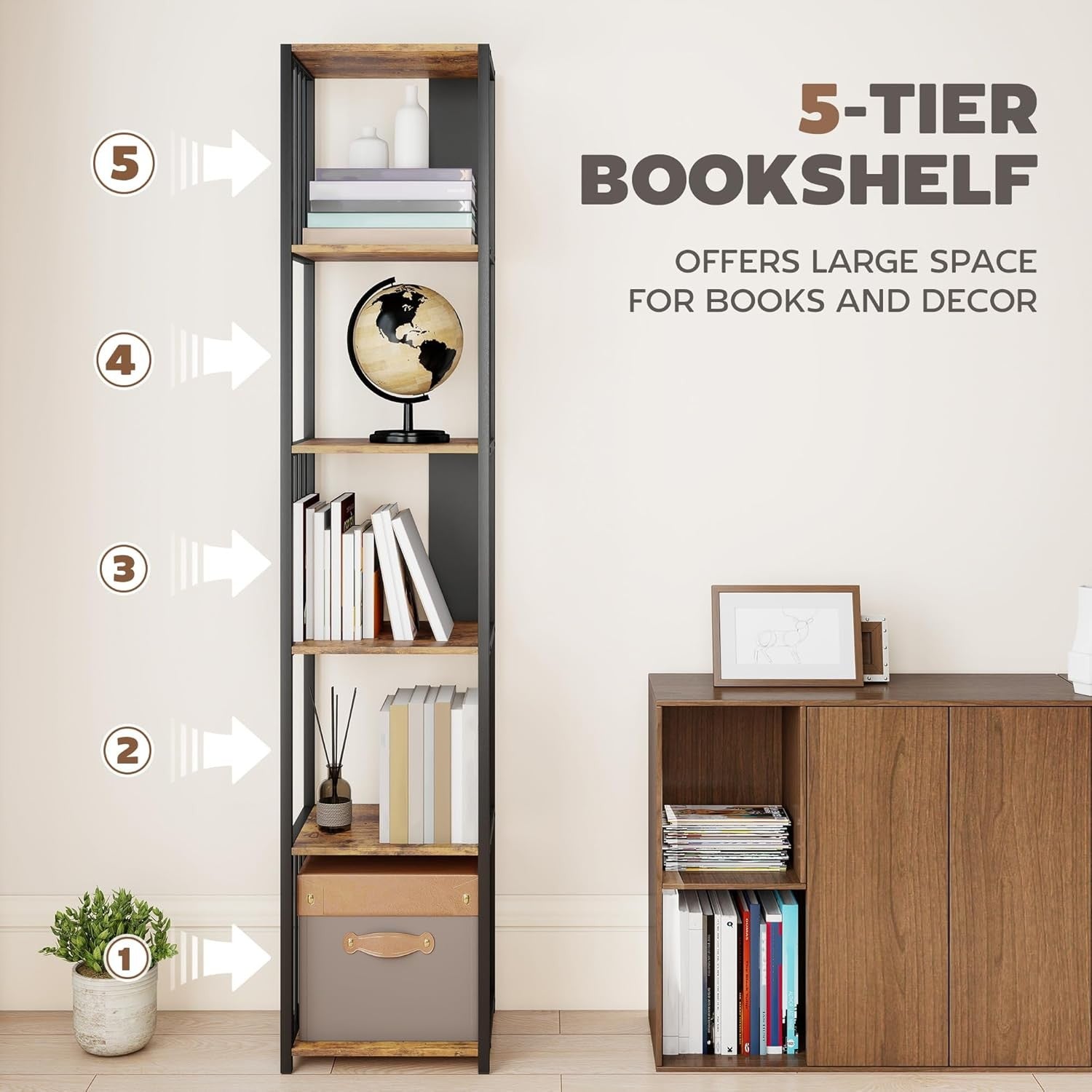 Tall 5-Tier Industrial Bookcase with Steel Frame & Open Shelves – Rustic Brown