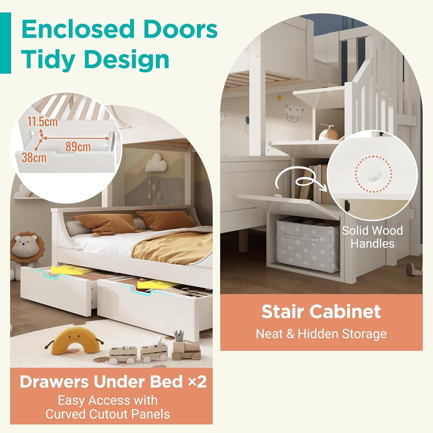Space-Saving Double Bunk Bed with Storage Drawers & Stairs, Kids Safe
