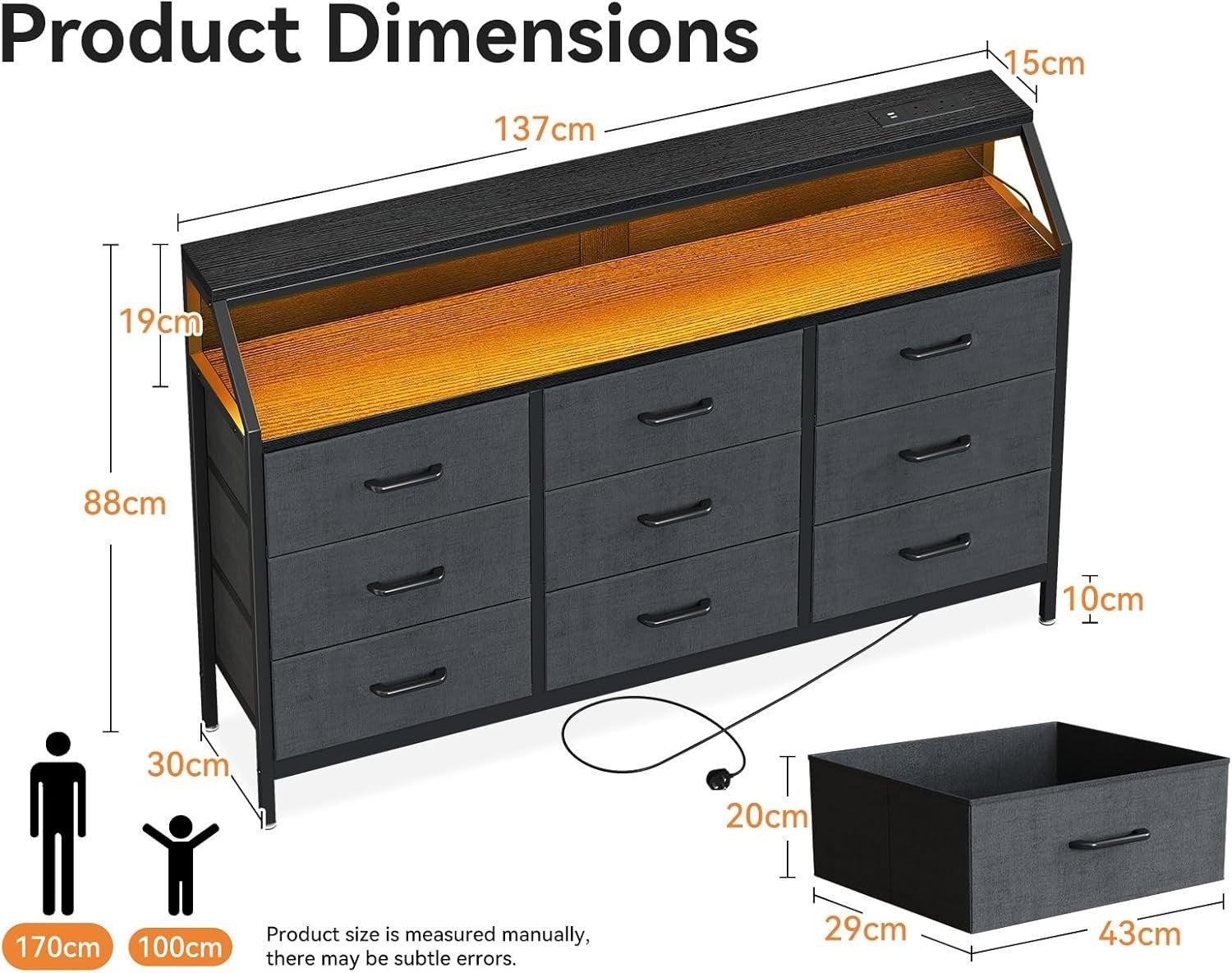 Modern Black Chest of Drawers 9 Fabric Drawers USB Ports LED Light Strip