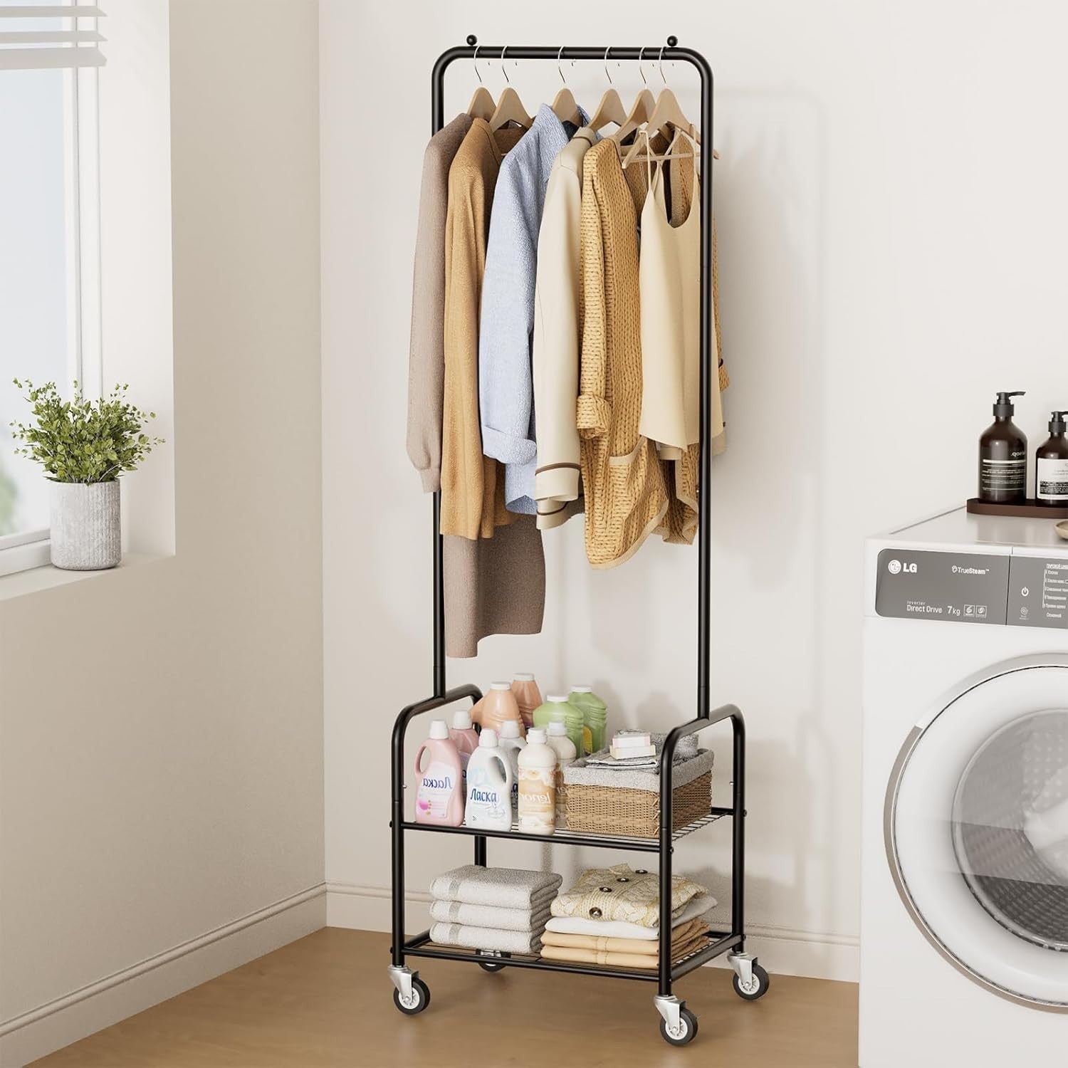 Small Clothes Rack with Shelves Rolling Metal Garment Rail Black