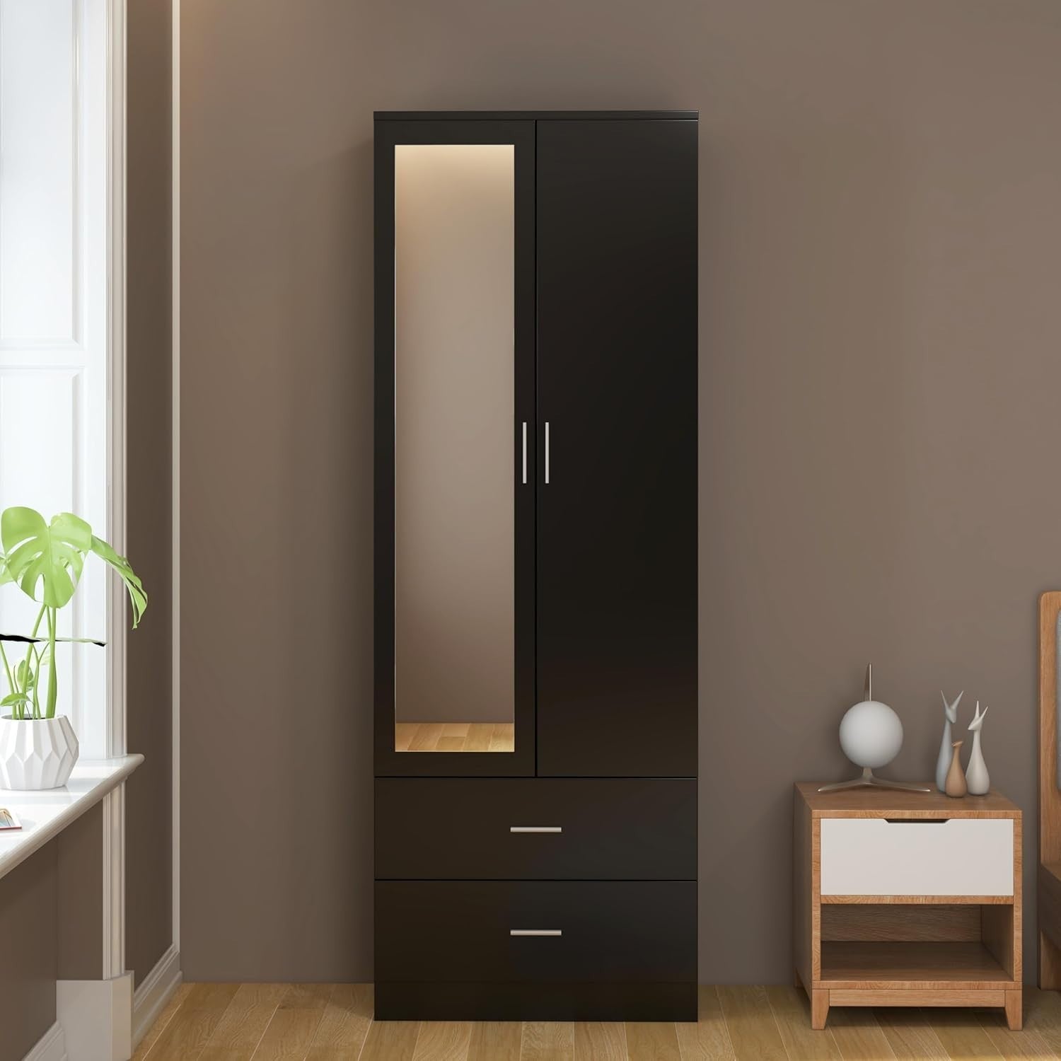 Black Mirrored 2 Door Wardrobe with Hanging Rail & Drawers - Modern Storage