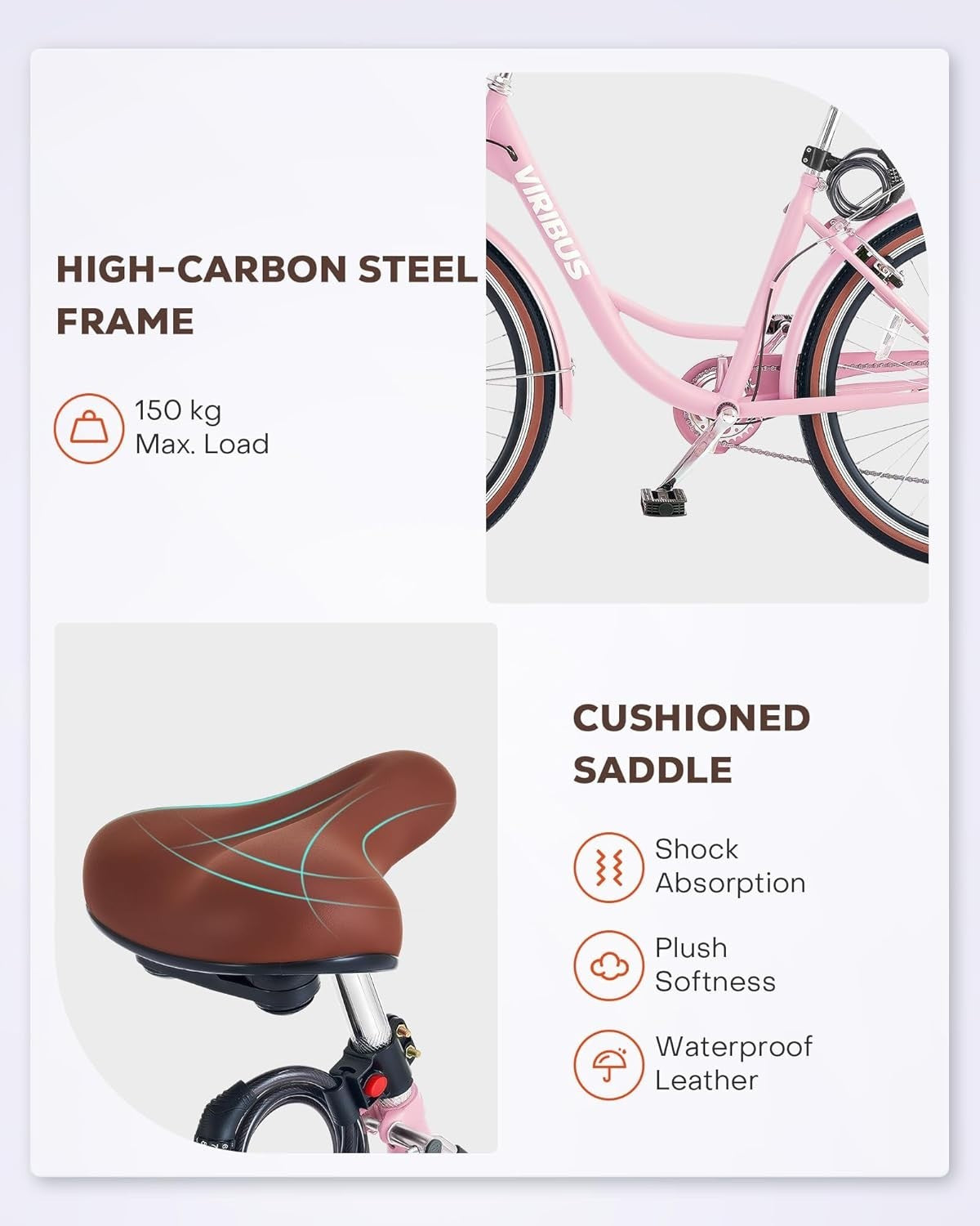 66cm Women’s Comfort City Bike with 7-Speed, Basket & Rear Rack, Pink