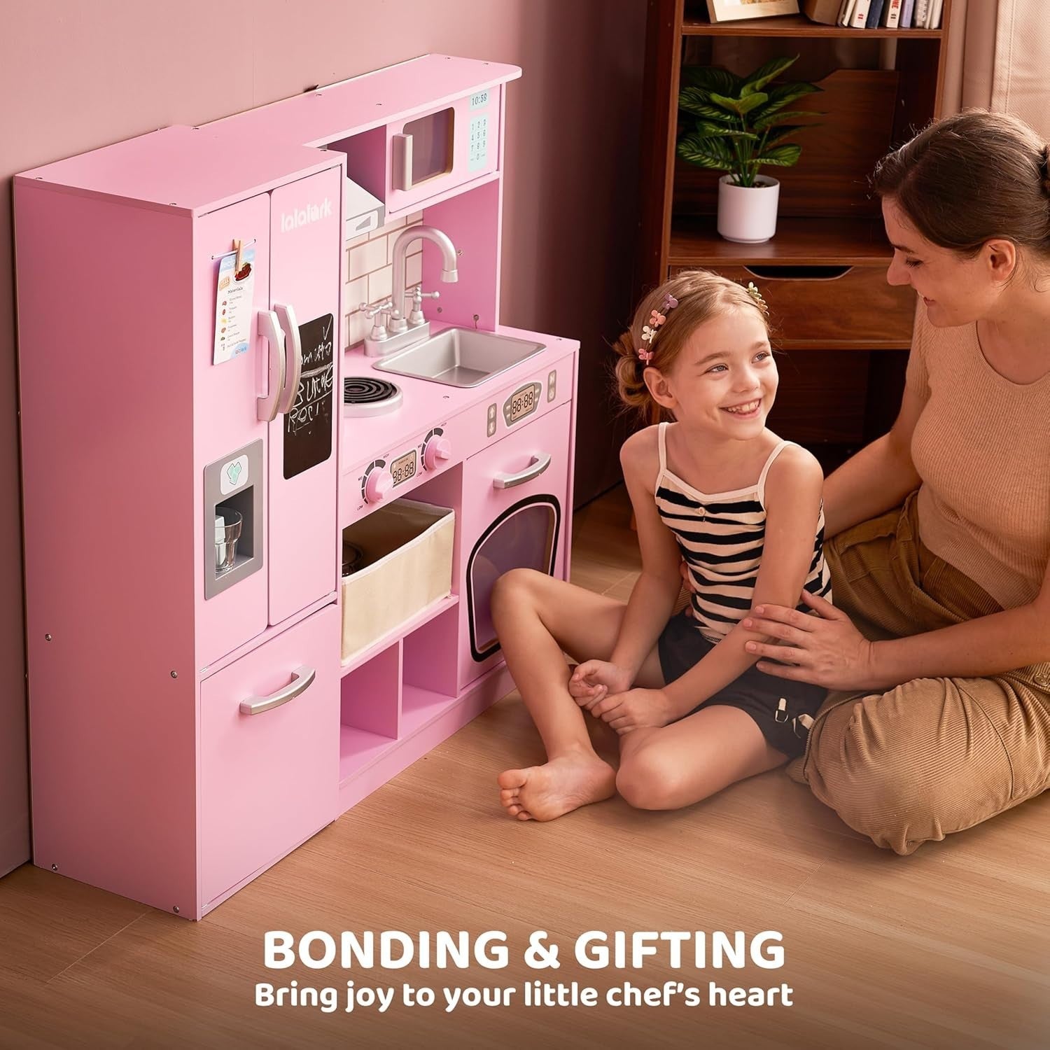 Large Wooden Kids Play Kitchen w/ Lights Sounds Ice Maker Pink