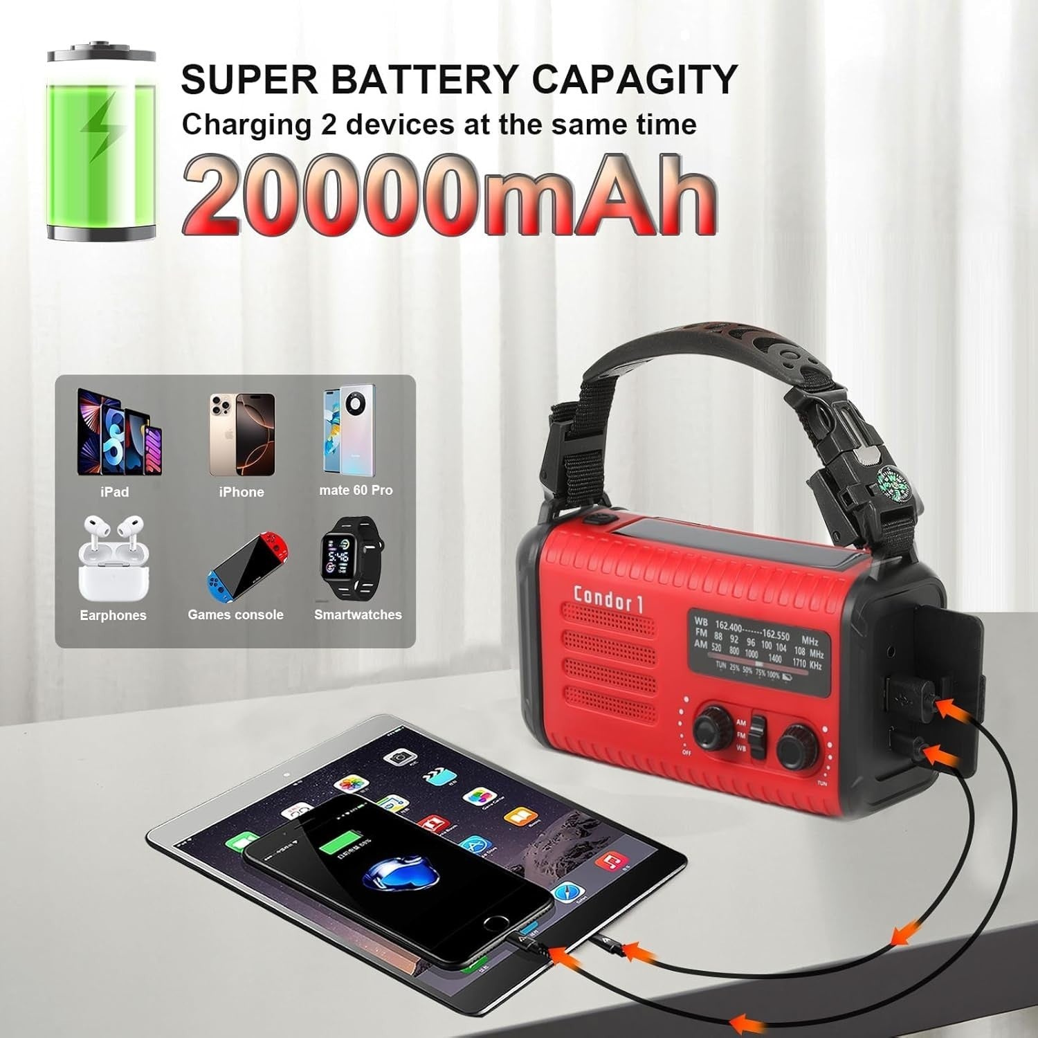Emergency Solar Hand Crank Radio 20000mAh AM/FM/NOAA Flashlight Red