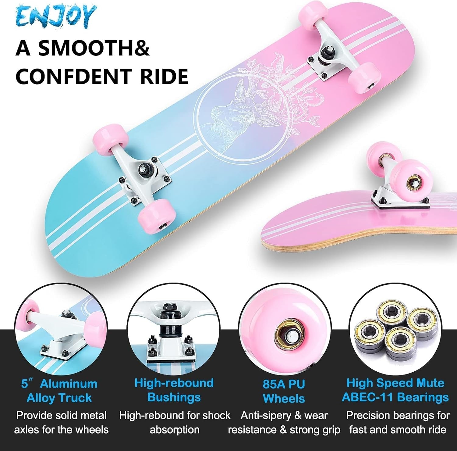 31x8 Complete Maple Skateboard Double Kick Pink Cruiser Kids Teens Adult