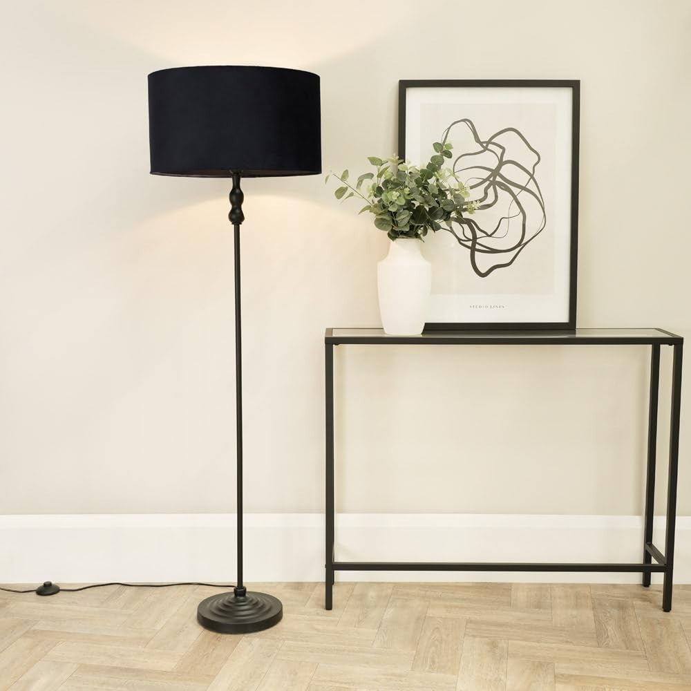 Black Metal Floor Lamp with Velvet Shade & LED Bulb, Modern Living Light
