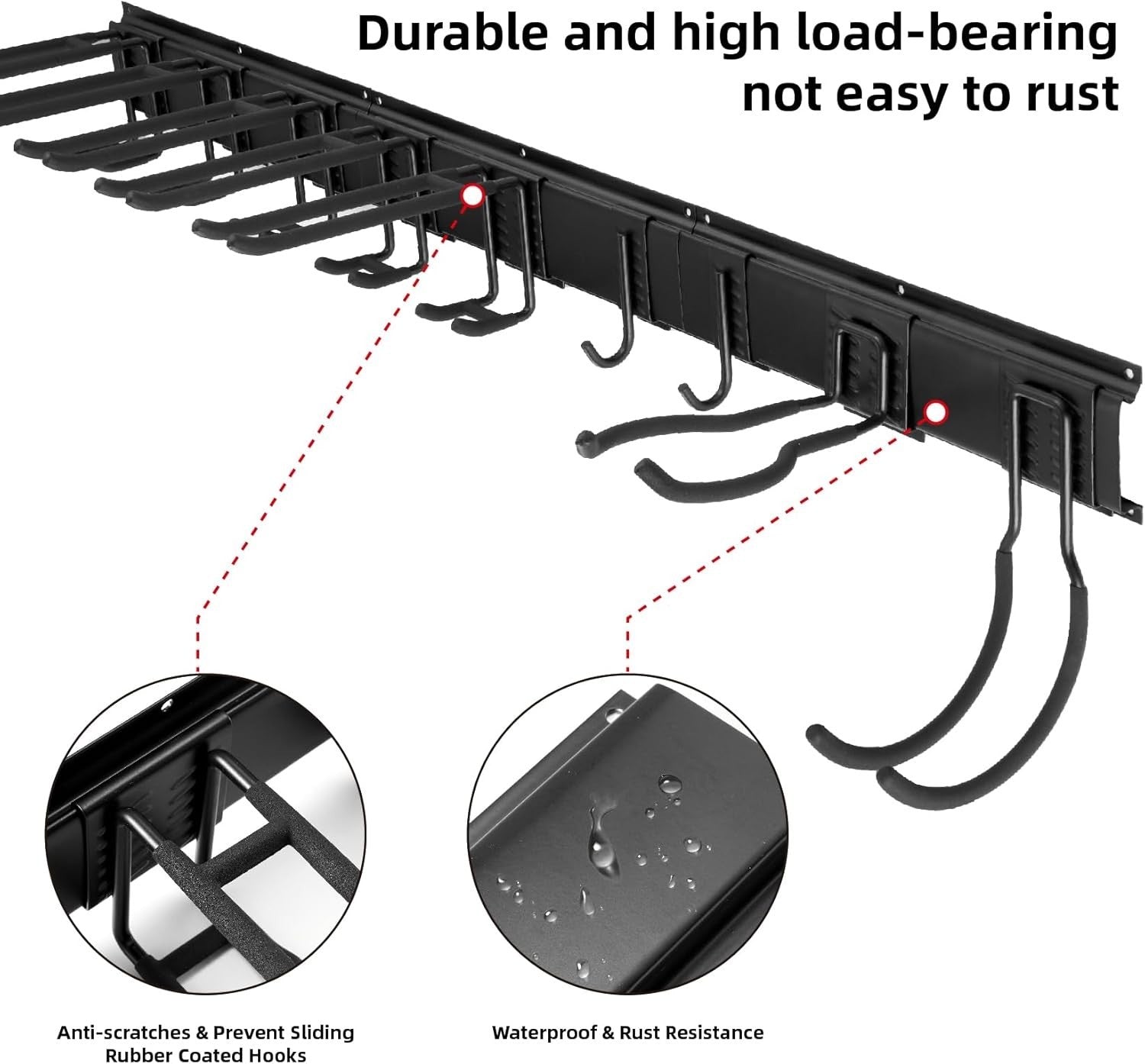 Garage Tool Rack Wall Mounted 9 Adjustable Hooks Heavy Duty Steel Black