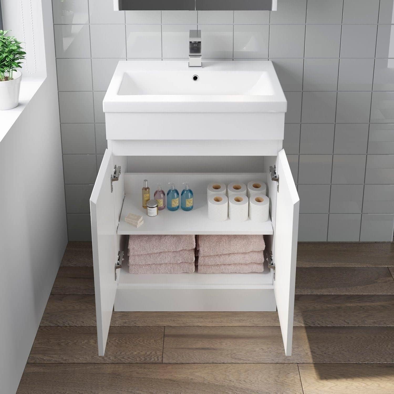 Modern White Gloss Vanity Unit 600mm Bathroom Sink Cabinet With Basin Storage