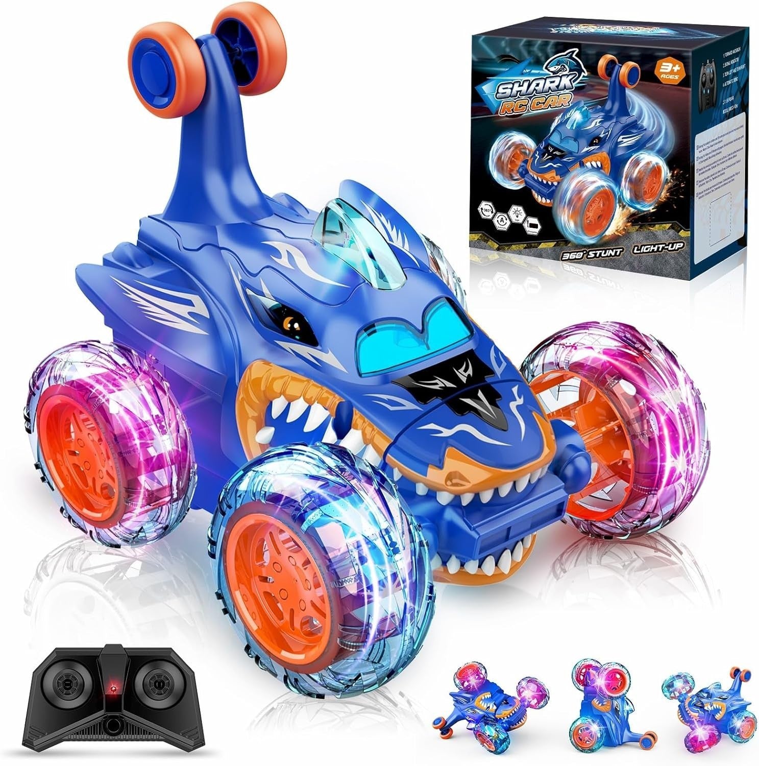 RC Shark Car for Kids 3-8, 360° Flip LED Light Remote Control Stunt Toy Gift