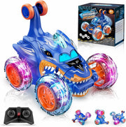 RC Shark Car for Kids 3-8, 360° Flip LED Light Remote Control Stunt Toy Gift