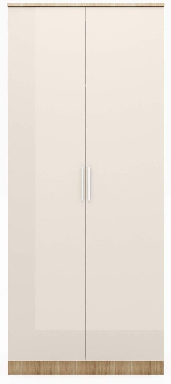 2 Door Wardrobe High Gloss Cream Oak Modern Storage Soft Close Bedroom