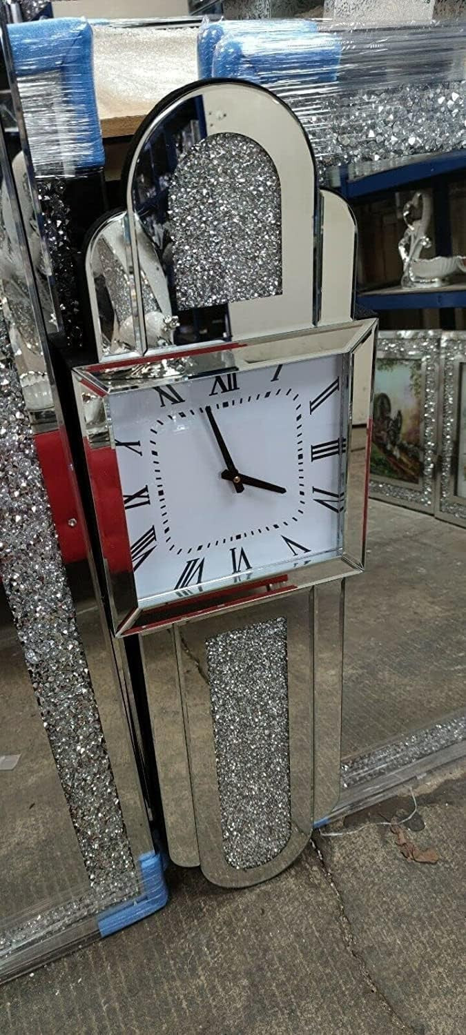 Tall Silver Wall Clock Sparkle Crystal Mirror Glass Silent Luxury 100x30cm