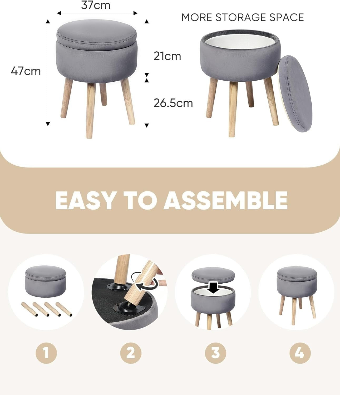 Grey Velvet Storage Ottoman Stool Round Footrest Coffee-Table Top Seat