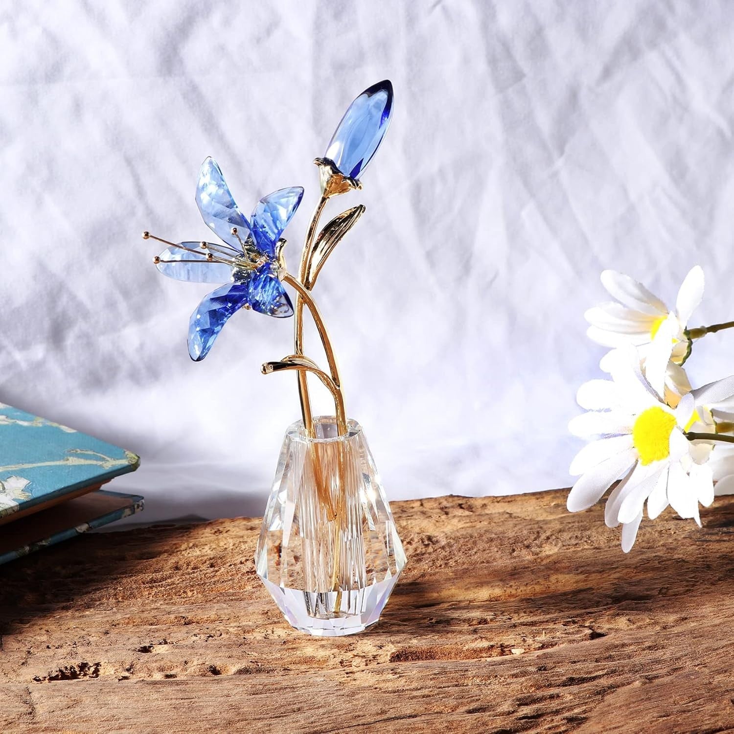 Crystal Lily Flower Ornament Blue • Luxury Glass Vase Figurine • Elegant Floral
