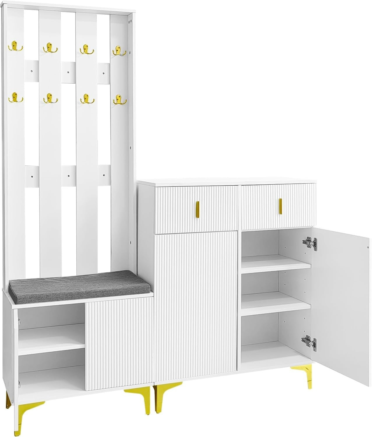 Modern Hallway Coat Rack with Shoe Storage Bench & Drawers – White 180cm