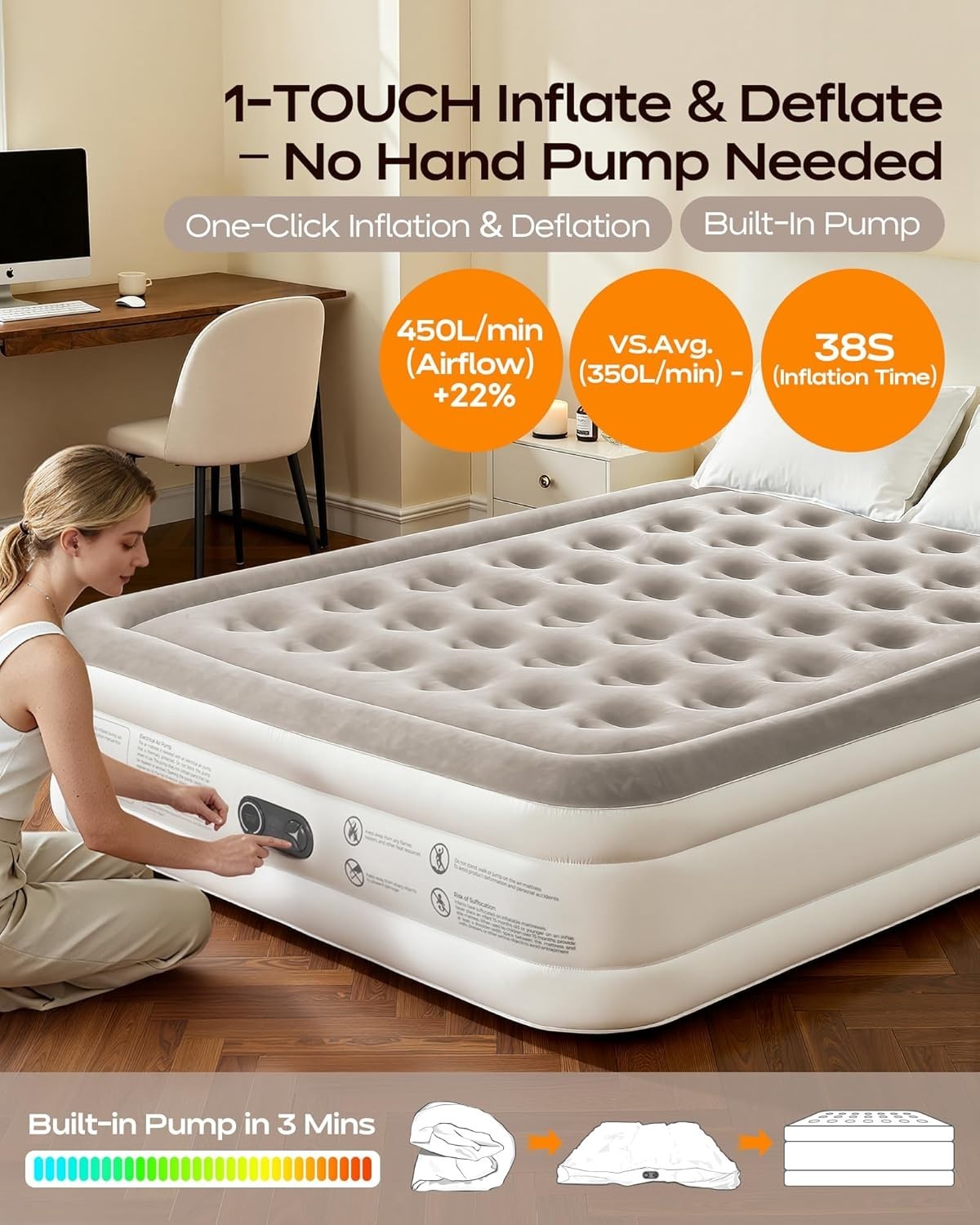 Double Air Mattress 18" Inflatable Bed with Built-In Pump, Soft Flocked Surface