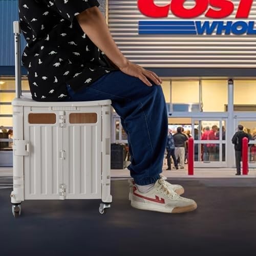 Folding Utility Cart Rolling Crate Trolley Lid Basket 360° Wheels White