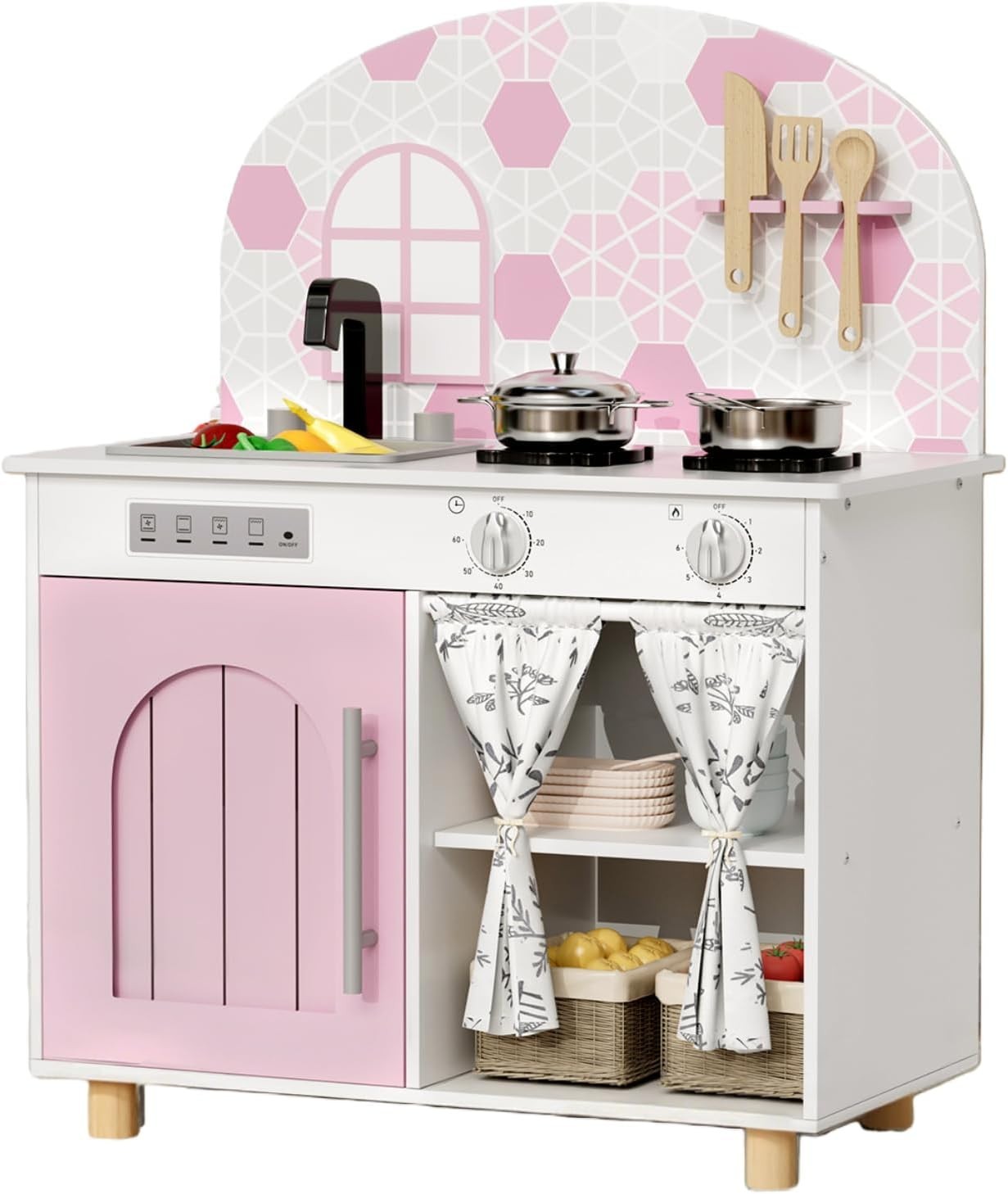 Kids Wooden Play Kitchen w/ Real Sound Stove Pink Toy Set