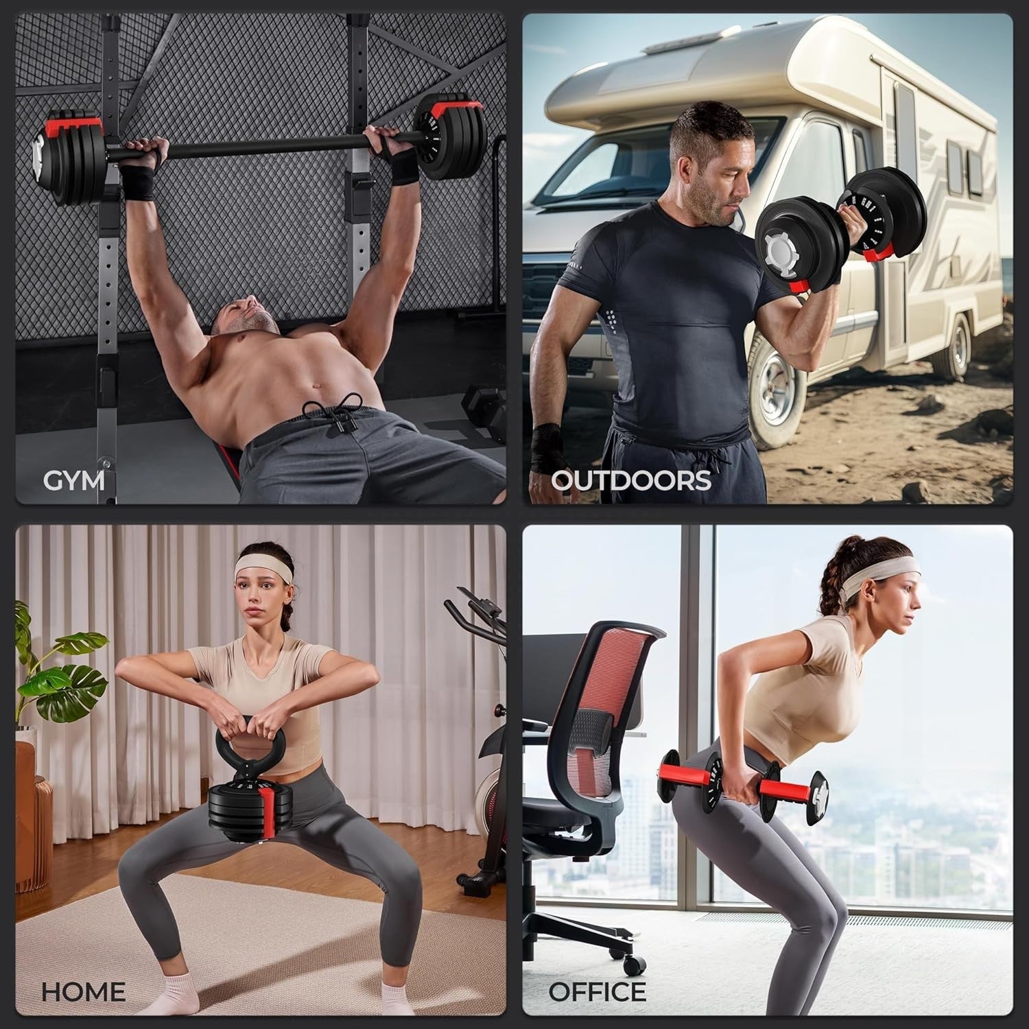 3-in-1 Adjustable Weights Set 12-Level Dumbbell Barbell Kettlebell Up to 24kg