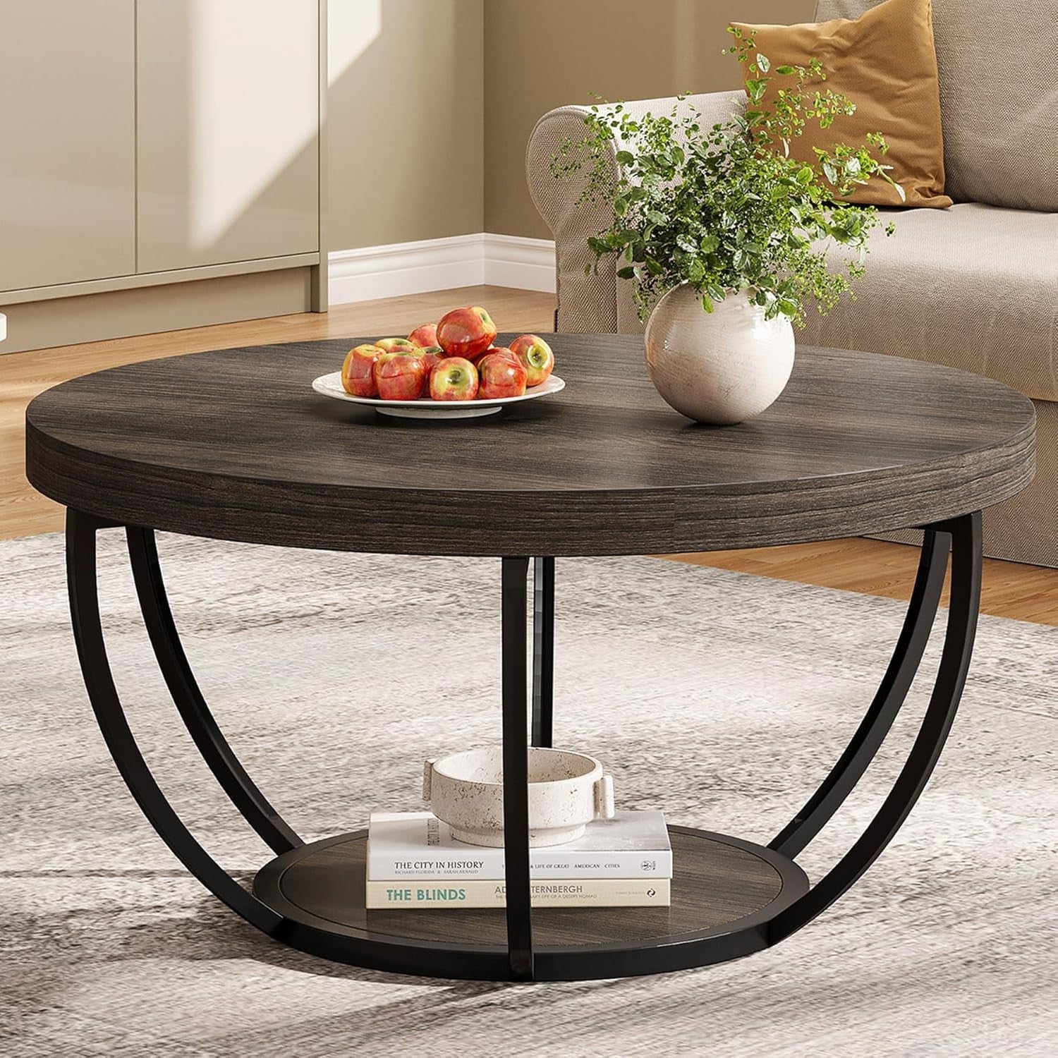 Round 2-Tier Coffee Table with Storage, Grey Wood Grain, 80.5x44cm