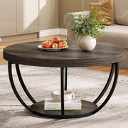 Round 2-Tier Coffee Table with Storage, Grey Wood Grain, 80.5x44cm