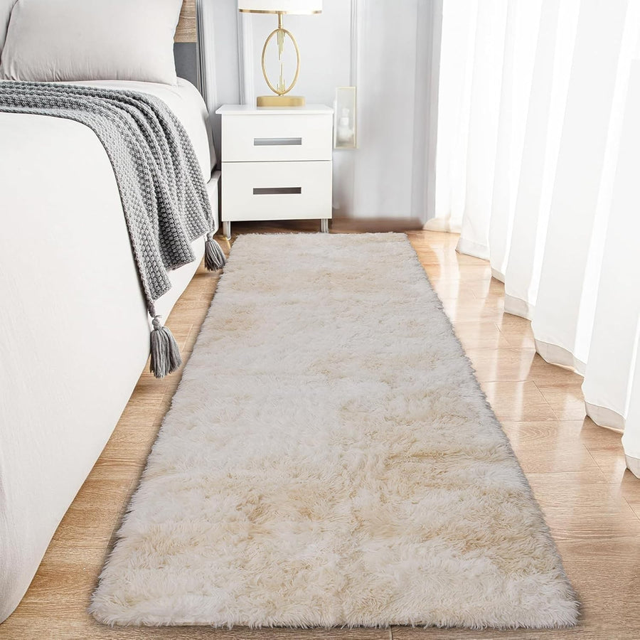 Cream Runner Rug 80x300cm Fluffy Shaggy Tie Dye Non Slip Thick Pile Carpet