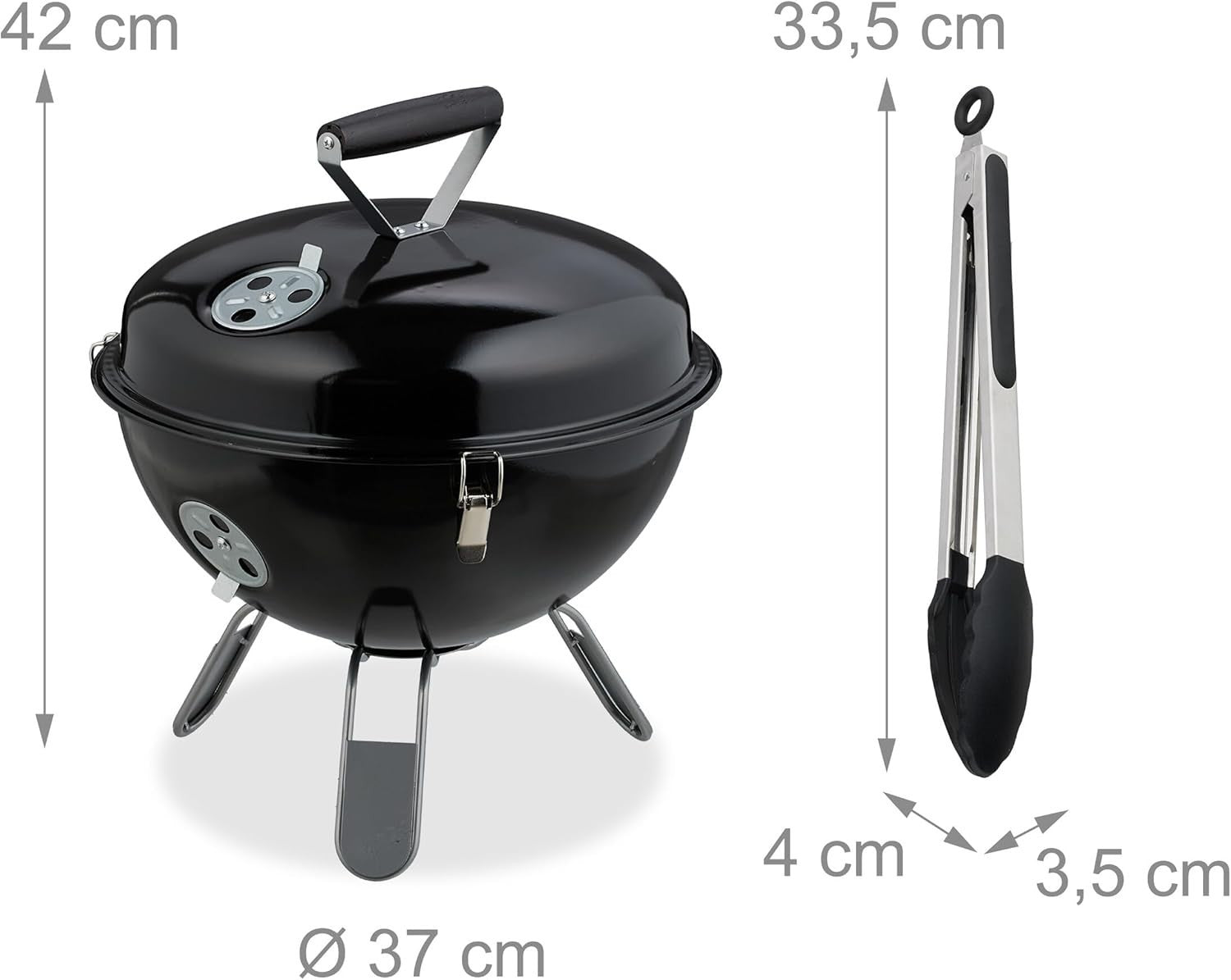 Portable Charcoal Kettle BBQ Grill 37cm with Lid & Tongs – Garden Camping Picnic