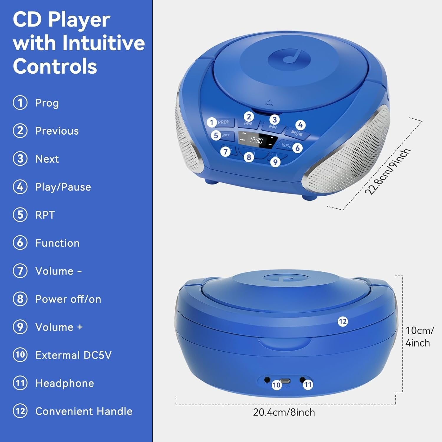 Portable CD Player Boombox Speakers FM Radio AUX Headphone Jack Blue