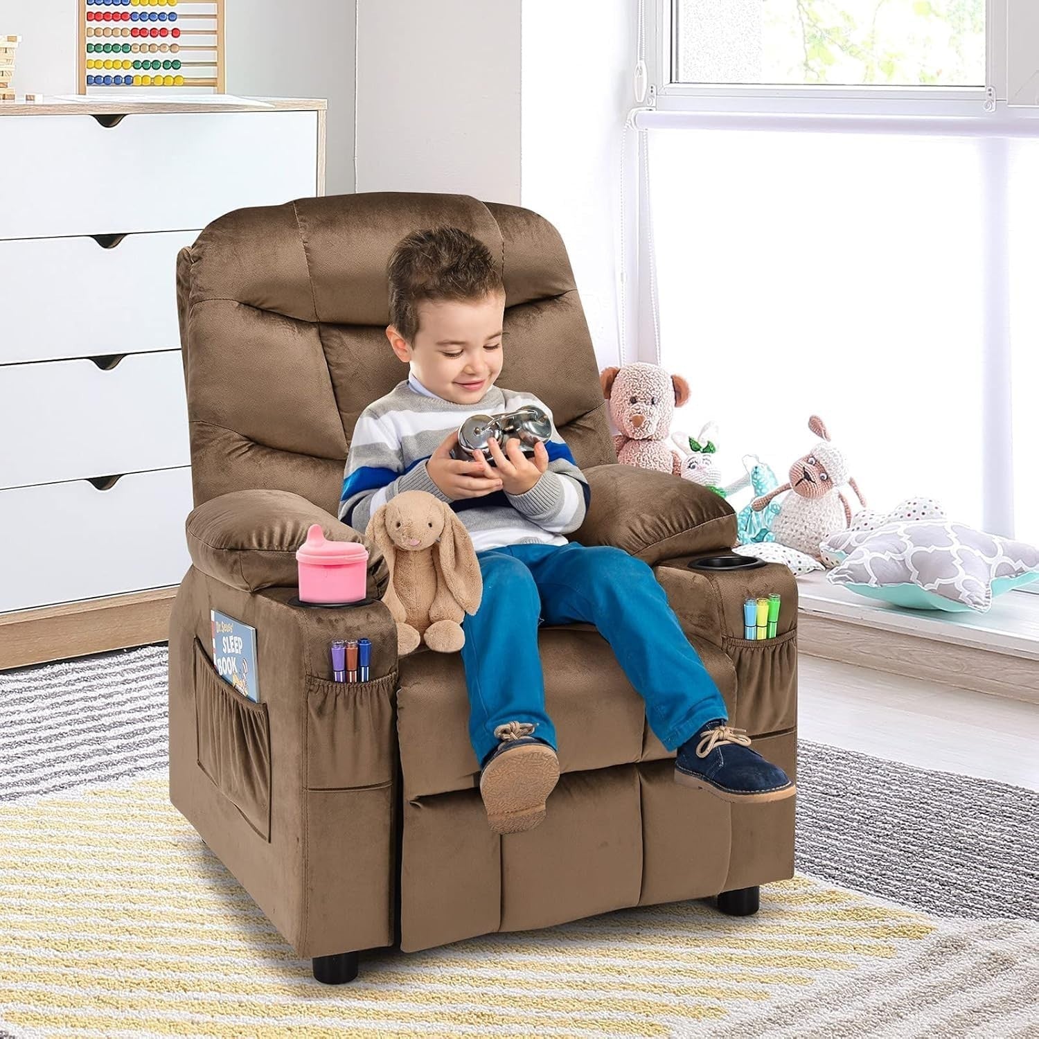 Adjustable Kids Recliner Chair Brown w/ Footrest, Velvet, Cup Holders & Storage