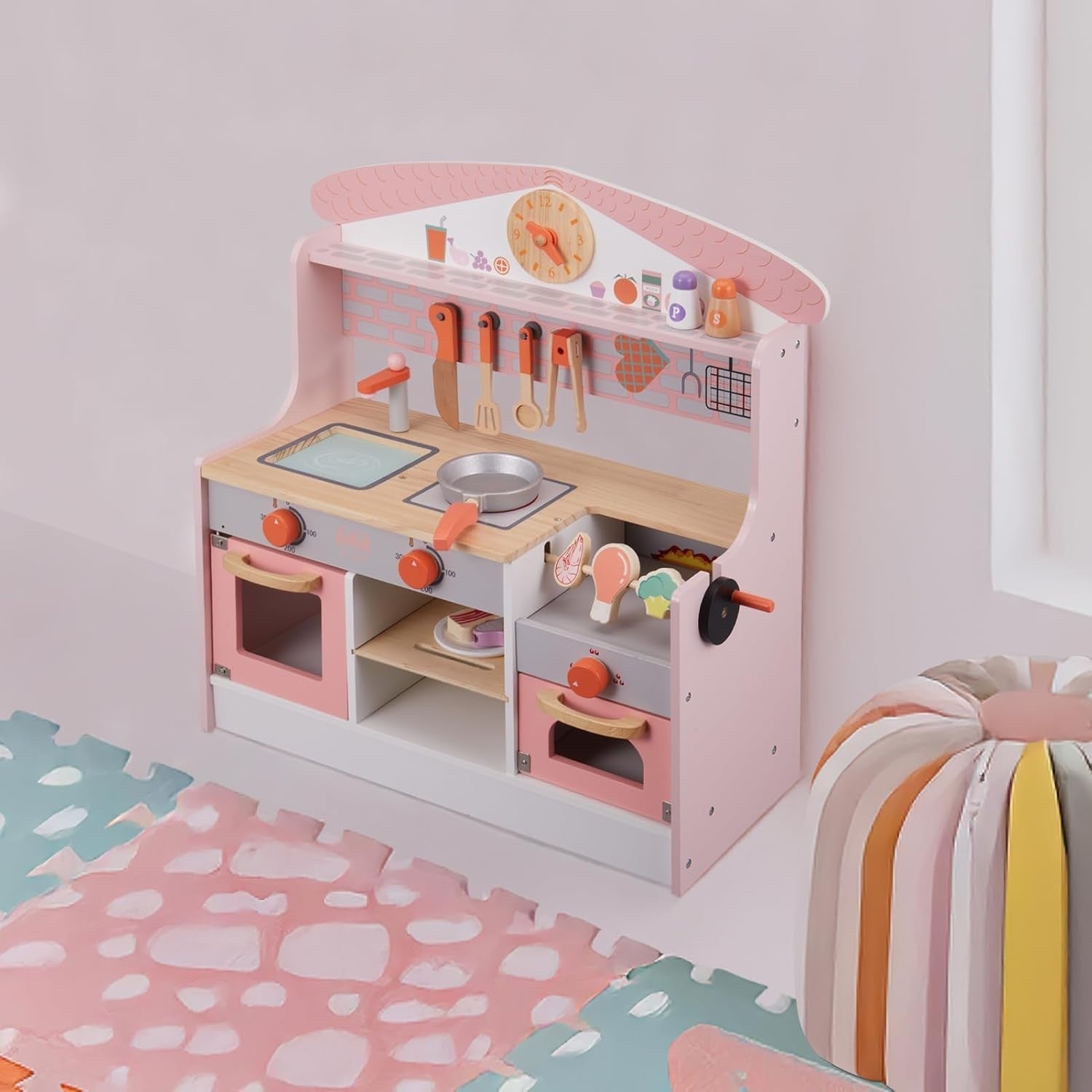 Kids Wooden Play Kitchen Pink w/ BBQ Grill Sound Accessories Set