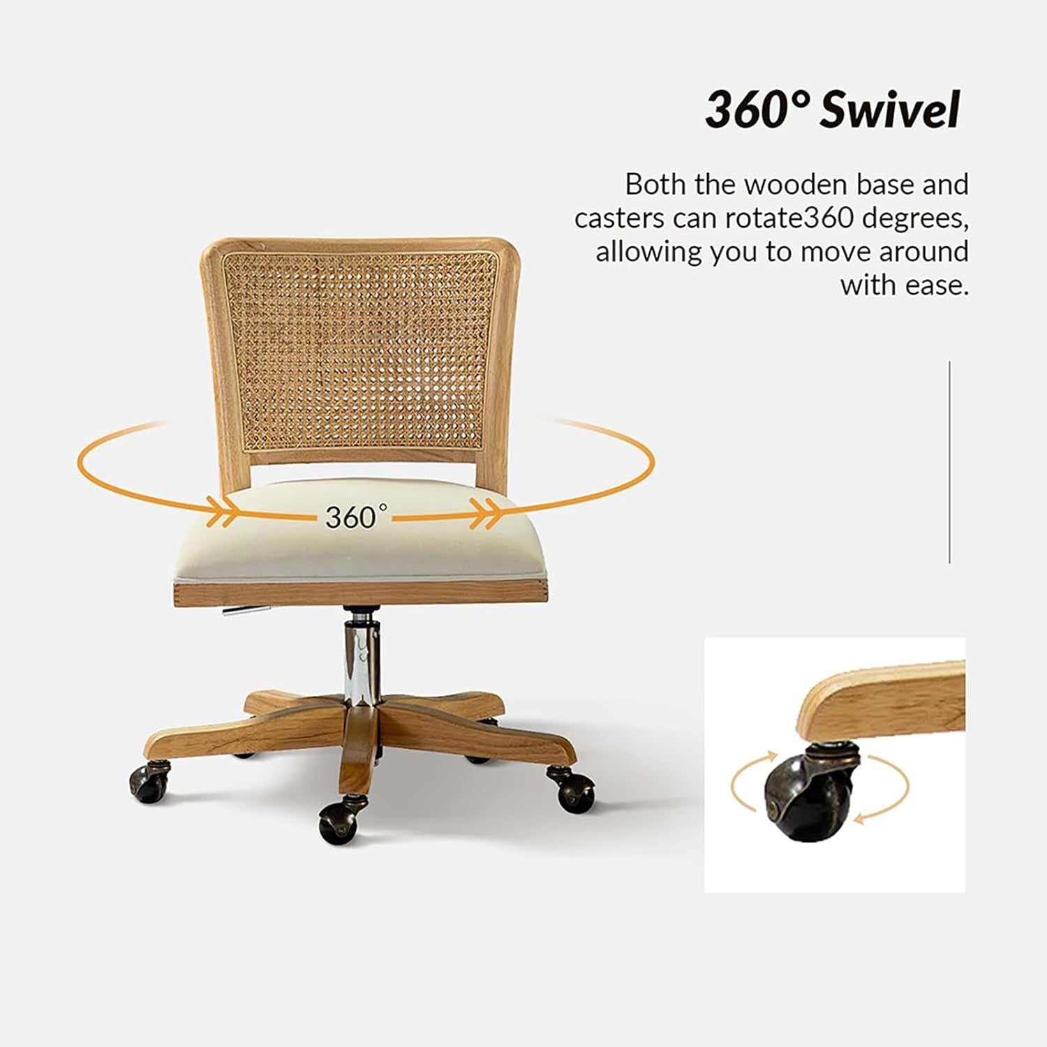 Beige Swivel Office Chair Adjustable Height Upholstered Rattan Desk Seat