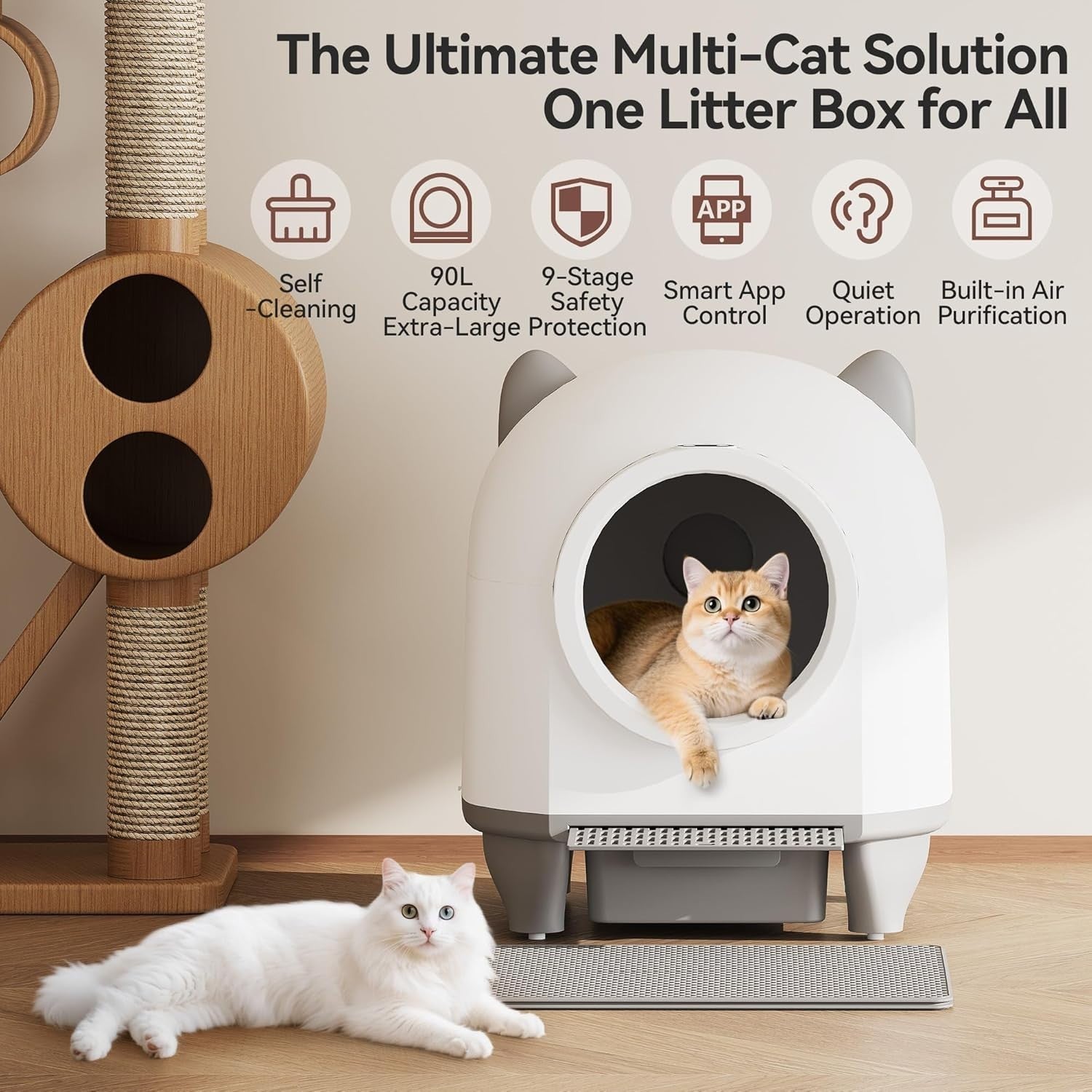 XXL Self Cleaning Cat Litter Box 90L Auto App Control Odor Control