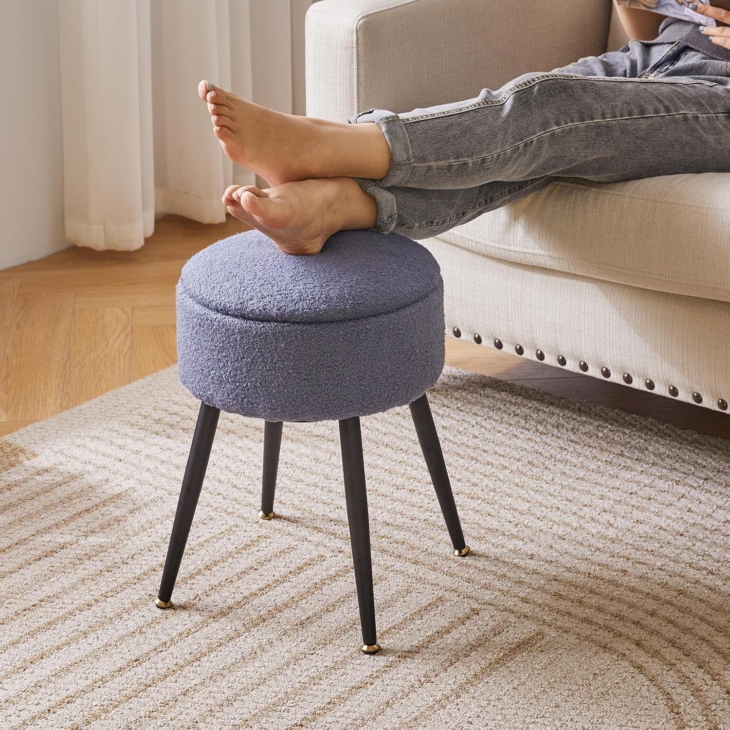 Blue Grey Round Vanity Stool with Storage – Teddy Fur Ottoman Chair