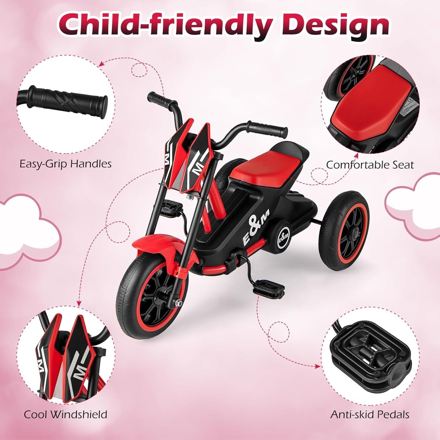 Kids Tricycle 3 Wheel Balance Bike Anti Slip Pedals Red Age 3+