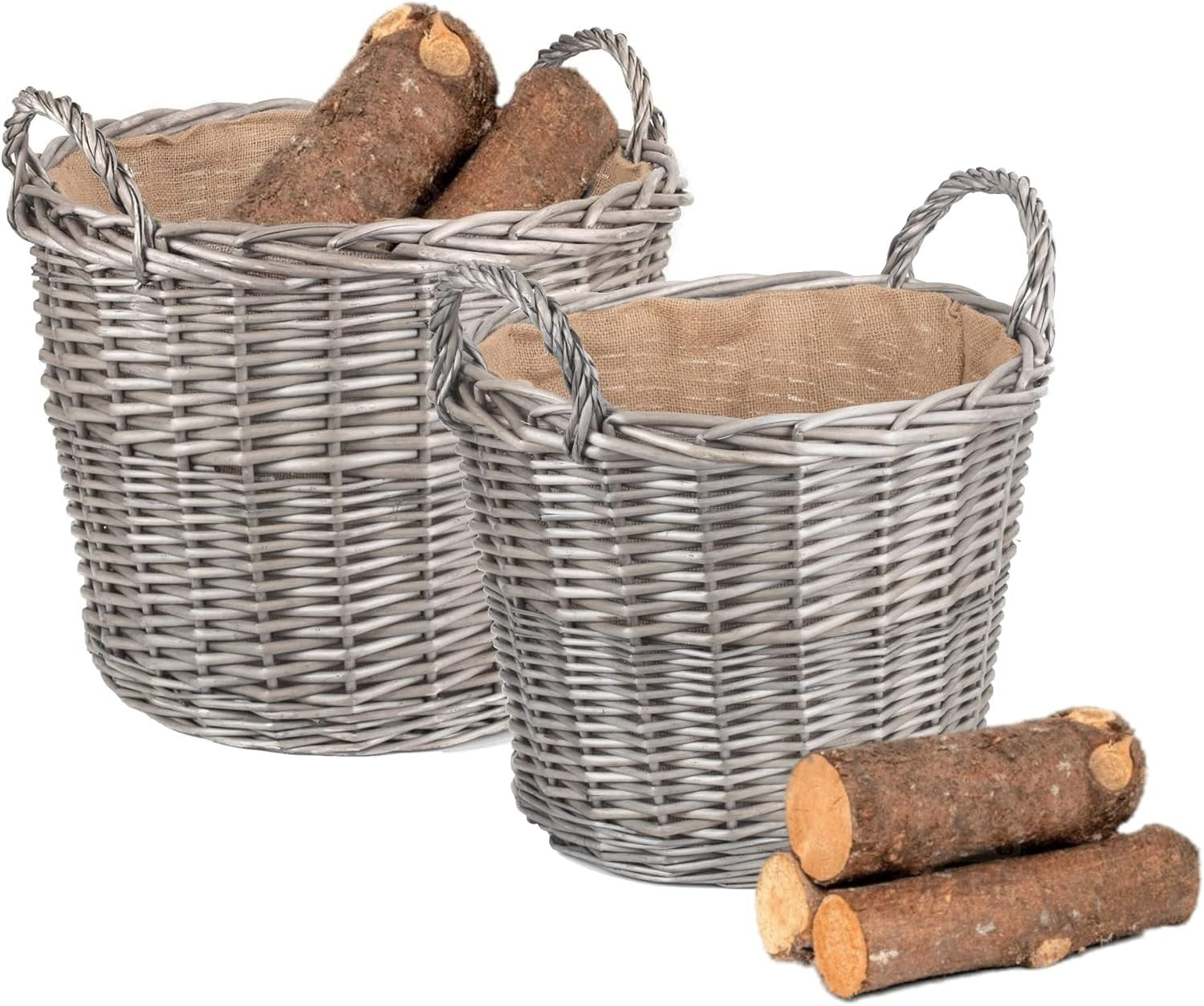 Wicker Log Basket Set with Handles & Lining – 51cm & 38cm Firewood Bins