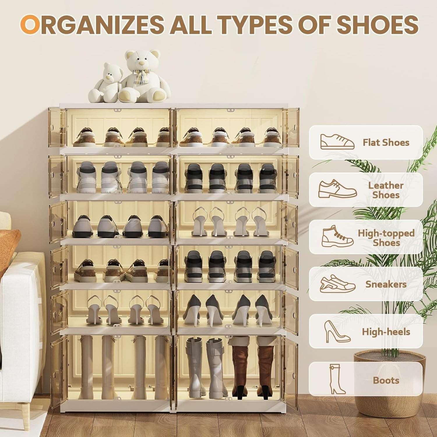 6 Tier Foldable Shoe Rack 24 Pair Organizer Transparent Doors Stackable
