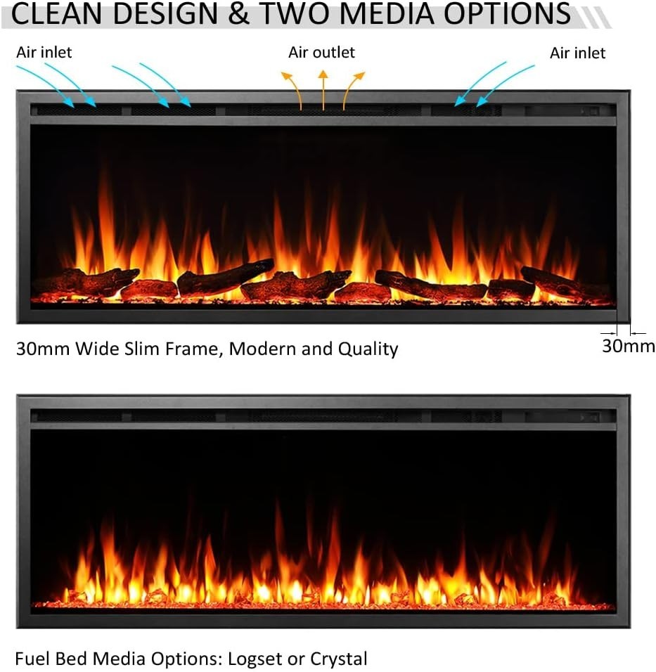 50" Wall Mount Electric Fireplace Multi Flame Colors 750W-1500W Heat