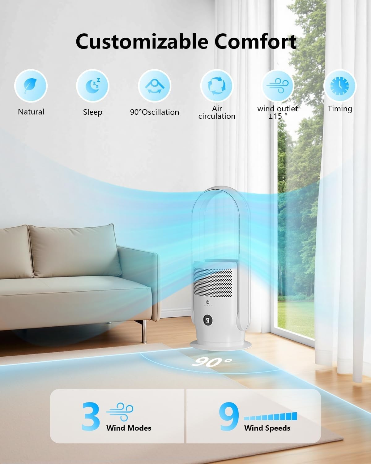 Bladeless Tower Fan w/ HEPA Air Purifier – 9-Speed Quiet Cooling Fan White Timer