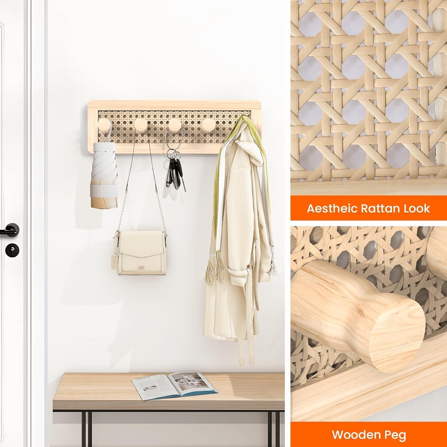 Boho Wooden Wall Hooks Natural Wood Peg Rack for Coats Hats Bags Entryway