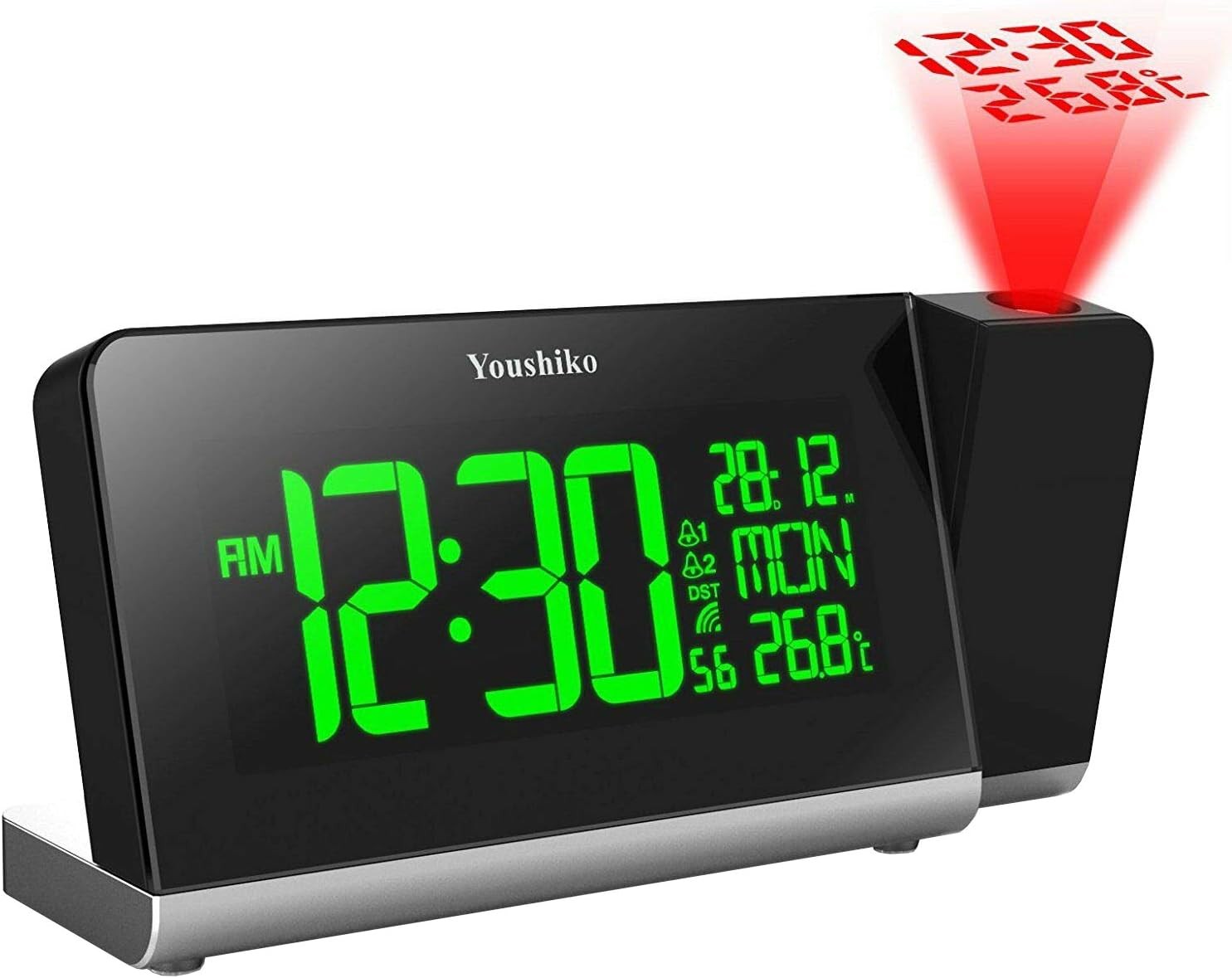 Black Projection Alarm Clock Radio Control LED Display Dual Alarm