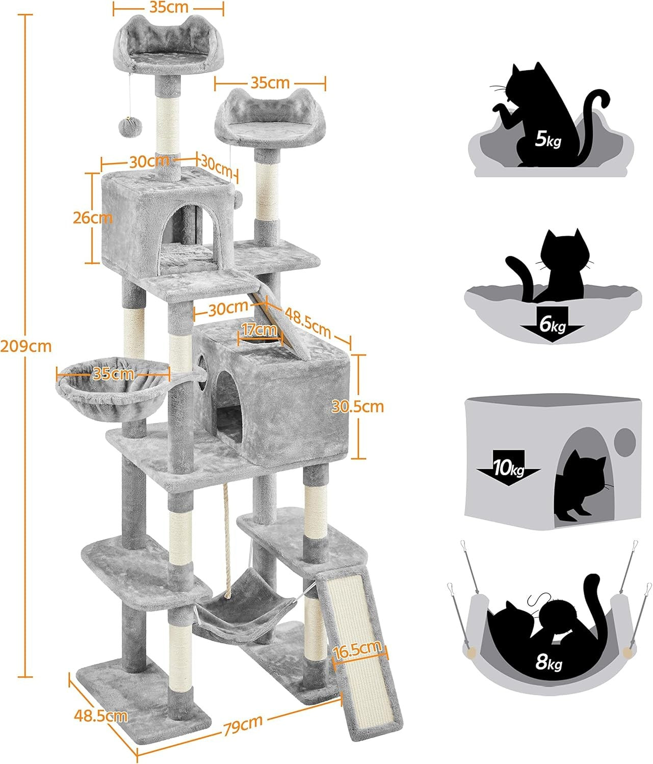 Extra Tall Cat Tree Tower 209cm Multi Level Condos Hammock Ladder Play